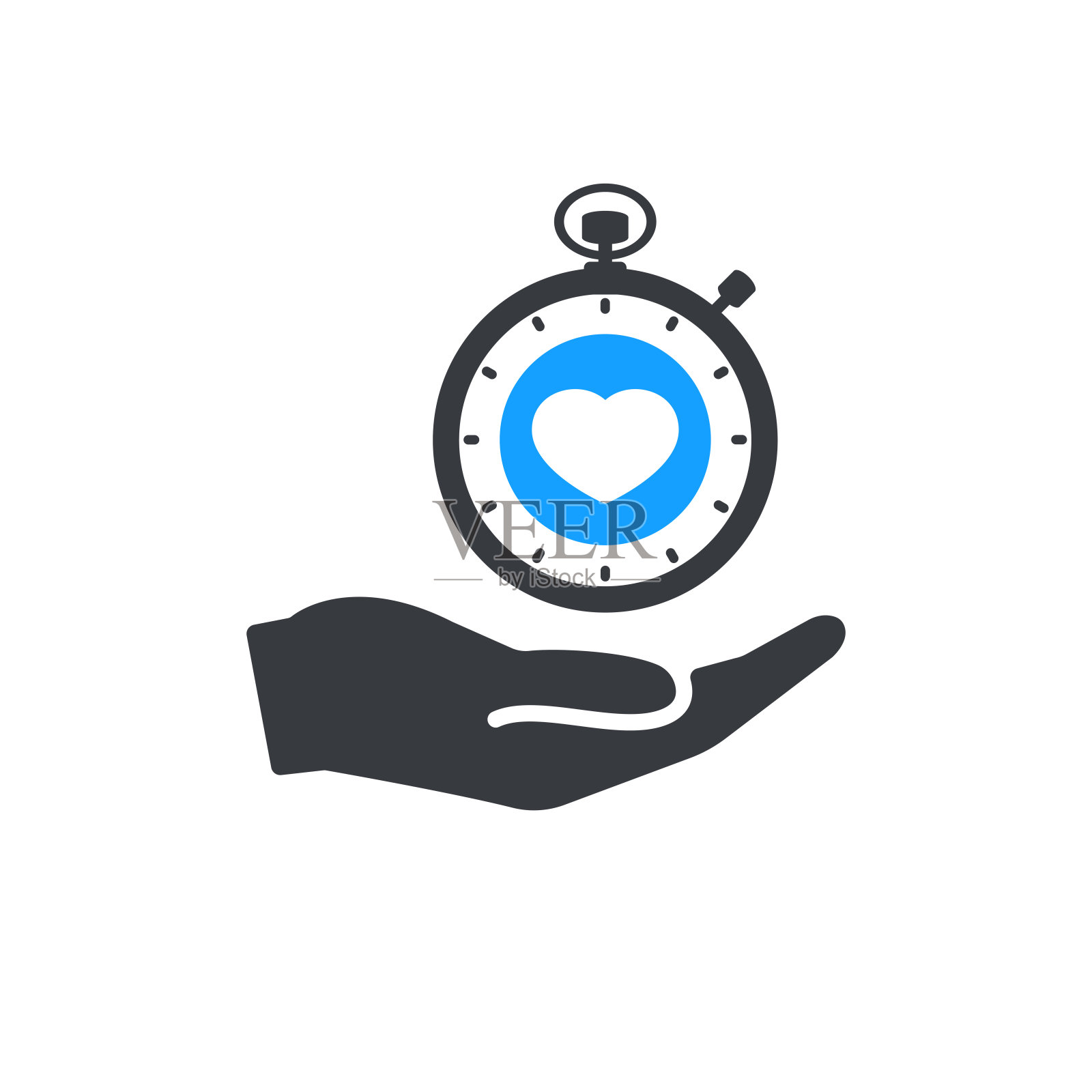 时间管理图标与心标志，喜爱，喜欢，爱，关怀的象征。手拿着秒表插画图片素材