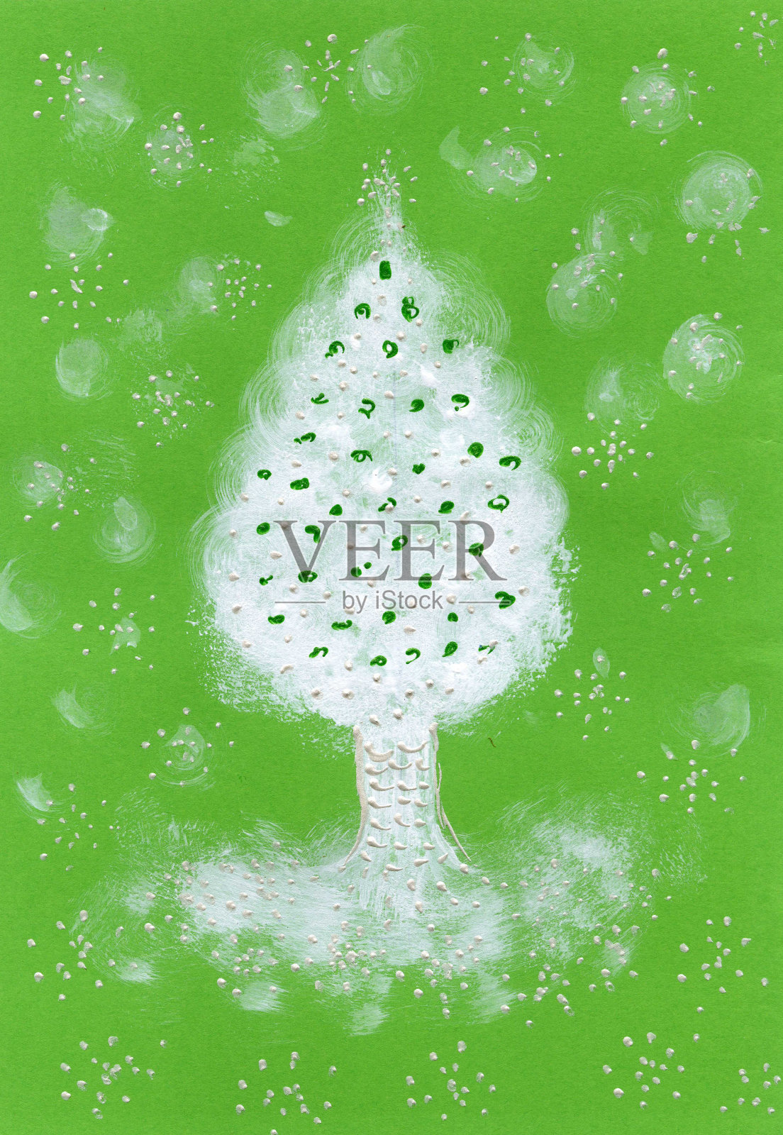 明亮的抽象插图在圣诞节的主题-圣诞树覆盖的雪在绿色的背景。由丙烯酸颜料制成插画图片素材
