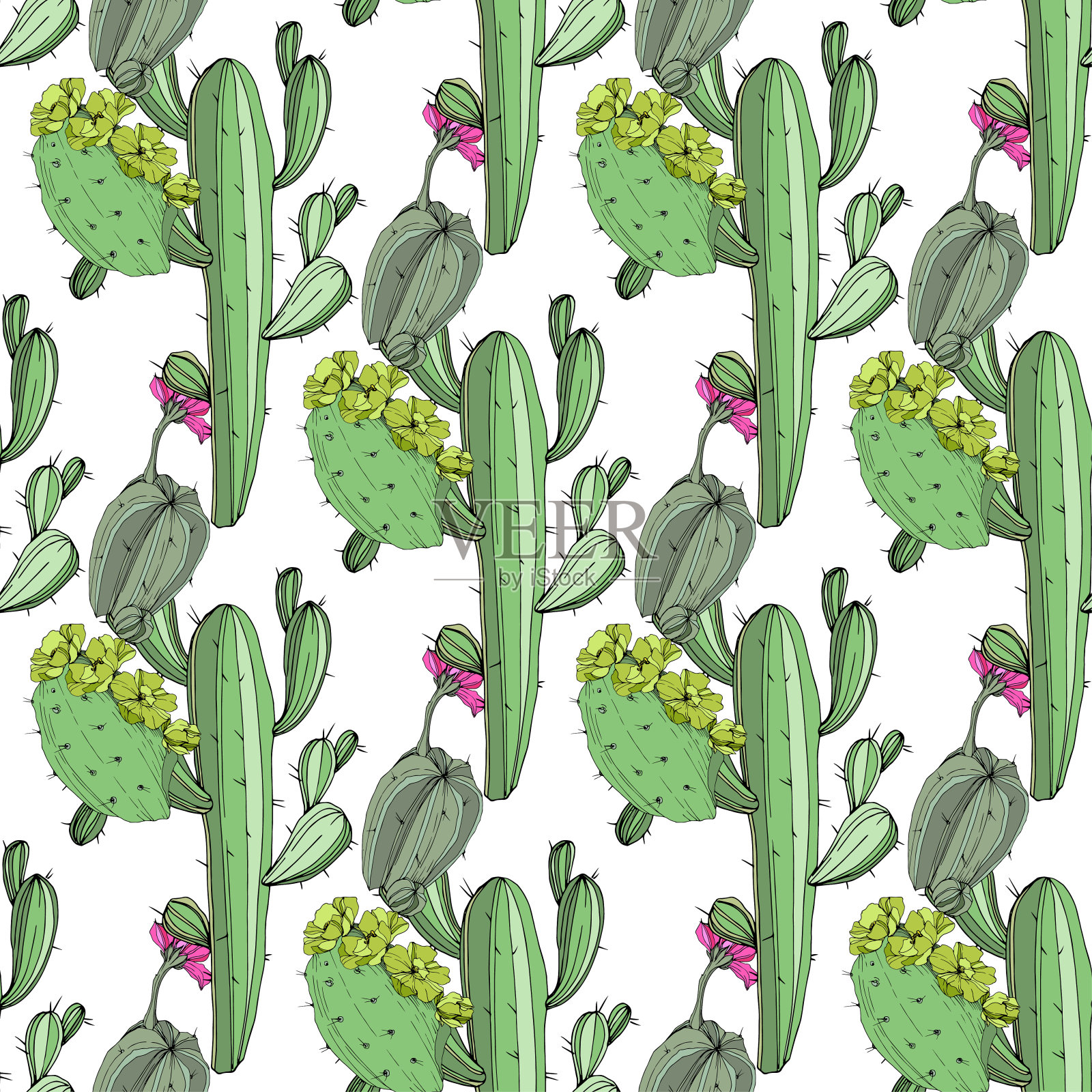 向量绿色的仙人掌。绿色刻墨艺术。无缝的背景图案。织物墙纸印花纹理。设计元素图片