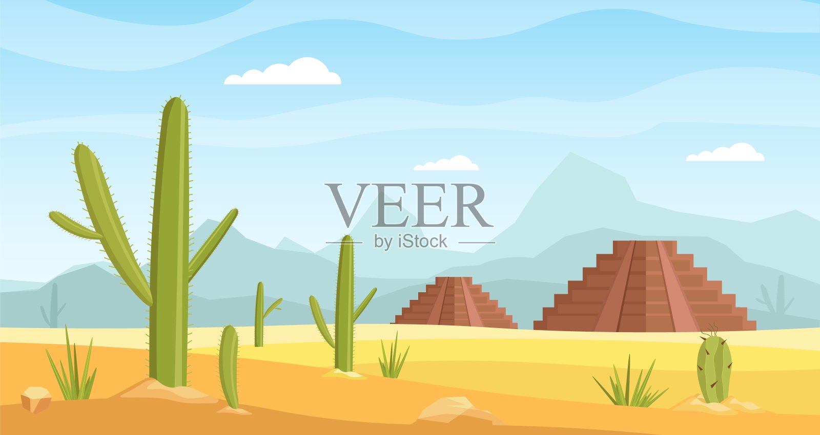 墨西哥沙漠与仙人掌和山脉景观矢量插图。插画图片素材