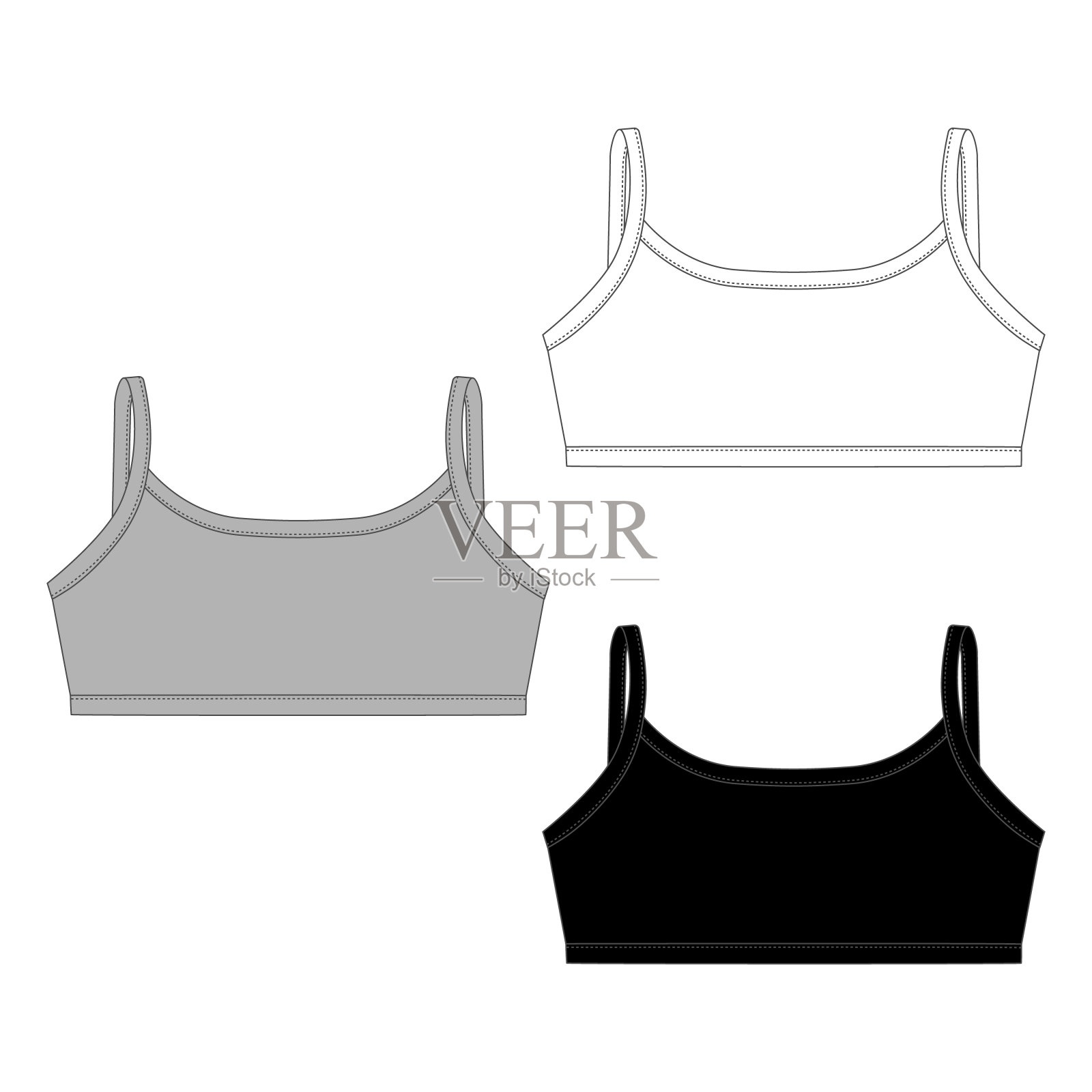 一套技术素描女孩运动胸罩。女士内衣上衣设计模板。插画图片素材