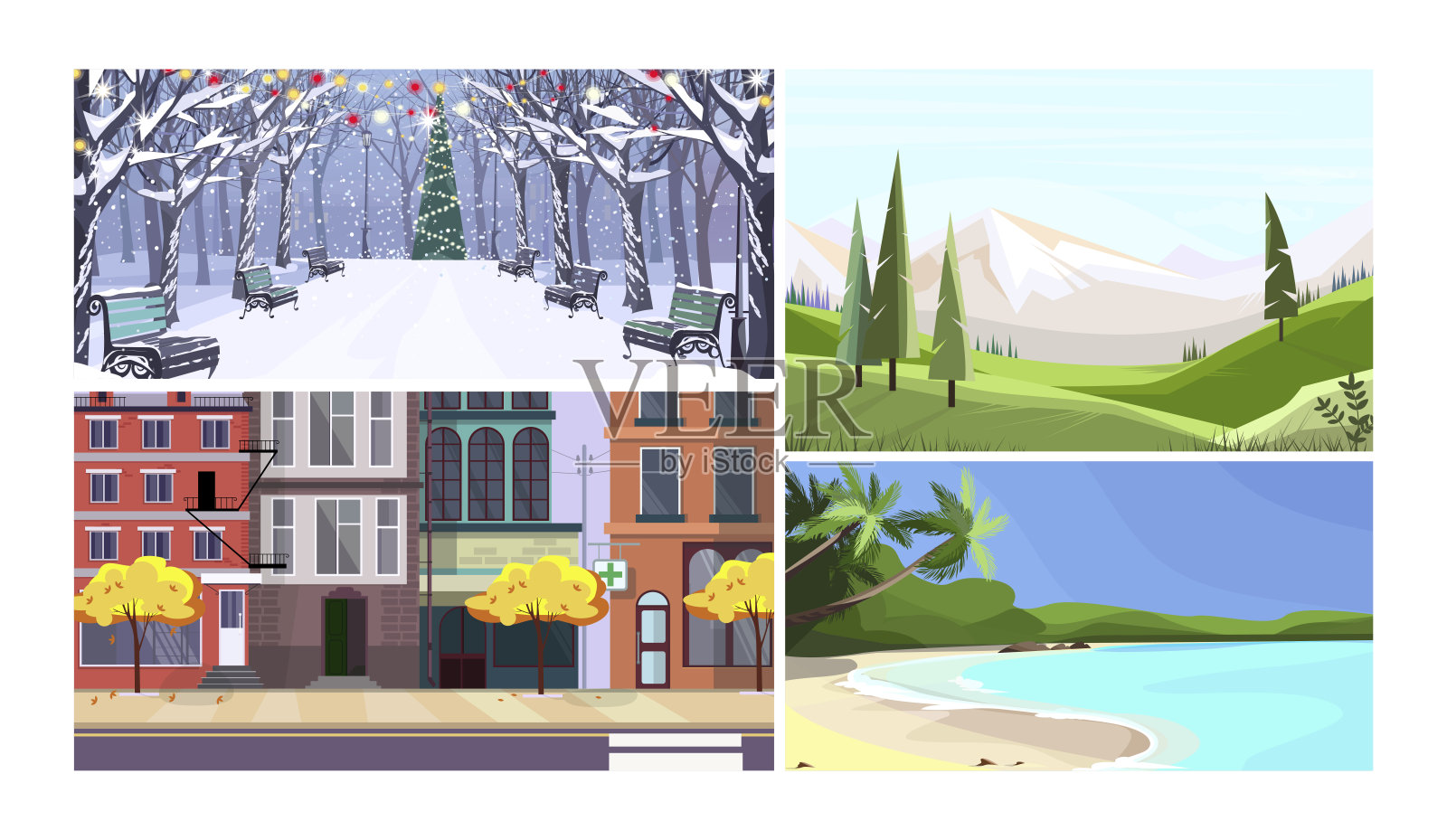 旅游目的地在所有季节平面矢量插图设置插画图片素材