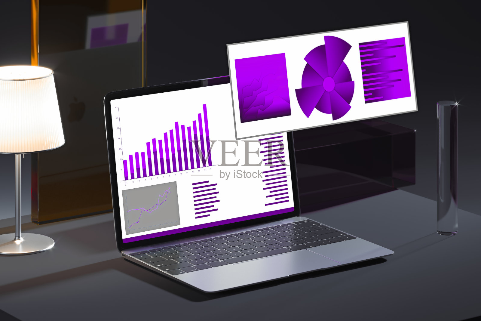 具有Business violet数据元素的笔记本电脑。摘要信息图集不同的图表。三维渲染照片摄影图片