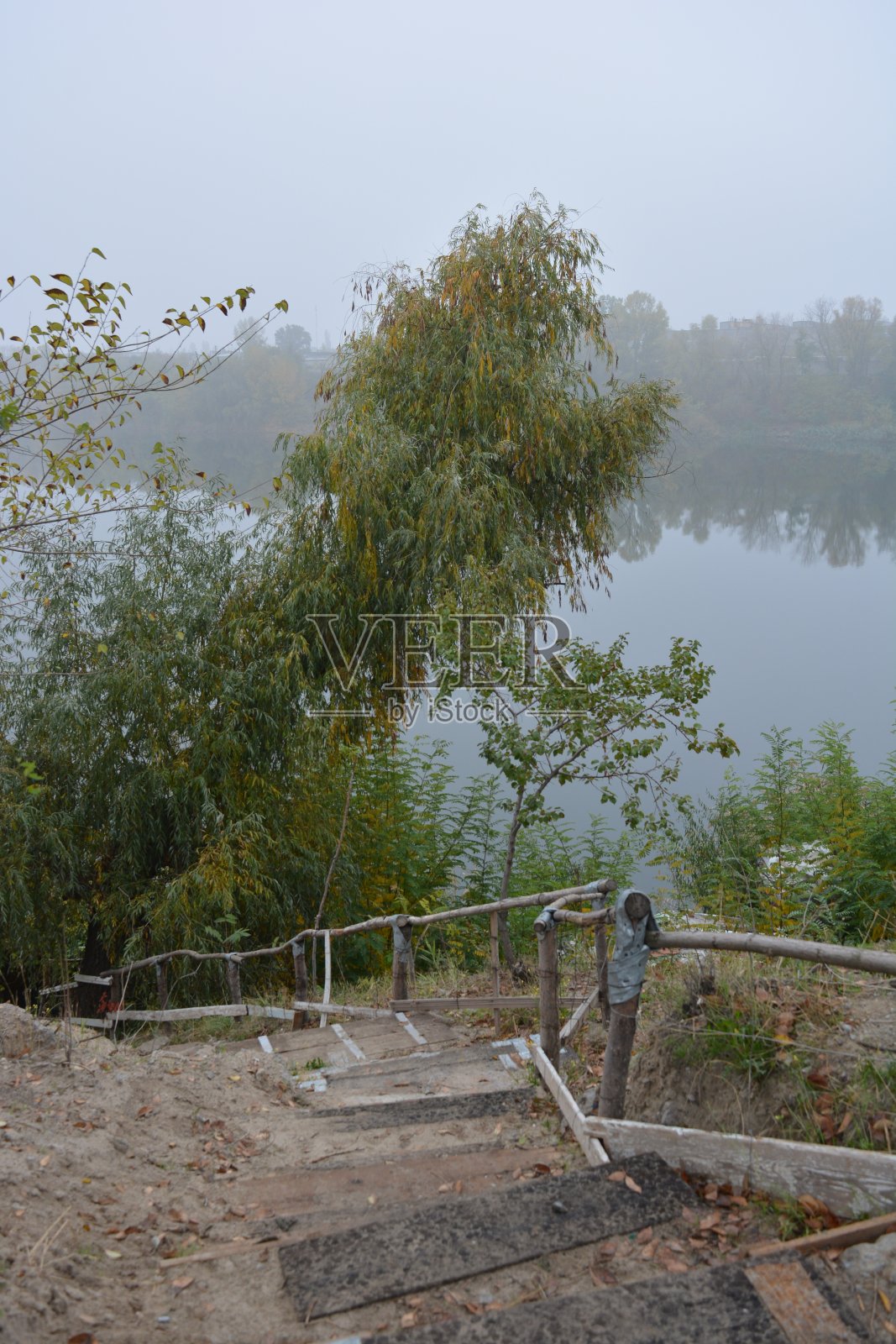 明亮饱和的自然与美丽，善良的景观位于一个干净的湖采石场的背景。大树和木雕楼梯，一条适合湖边的小路。照片摄影图片