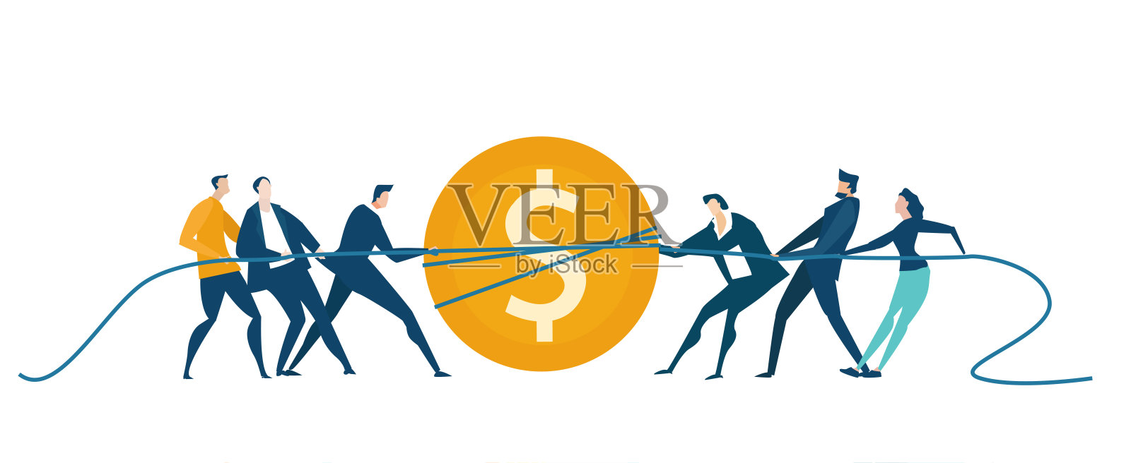 人们在抽一美元硬币。两组商人为更好的交易而斗争。插画图片素材