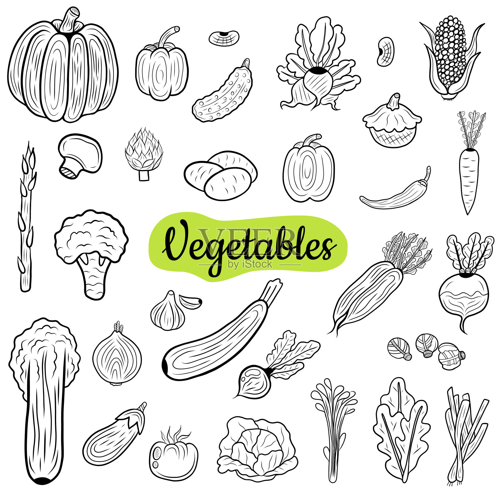 蔬菜元素大集合。手绘草图孤立在一个白色。复古矢量雕刻插图海报，网页。插画图片素材