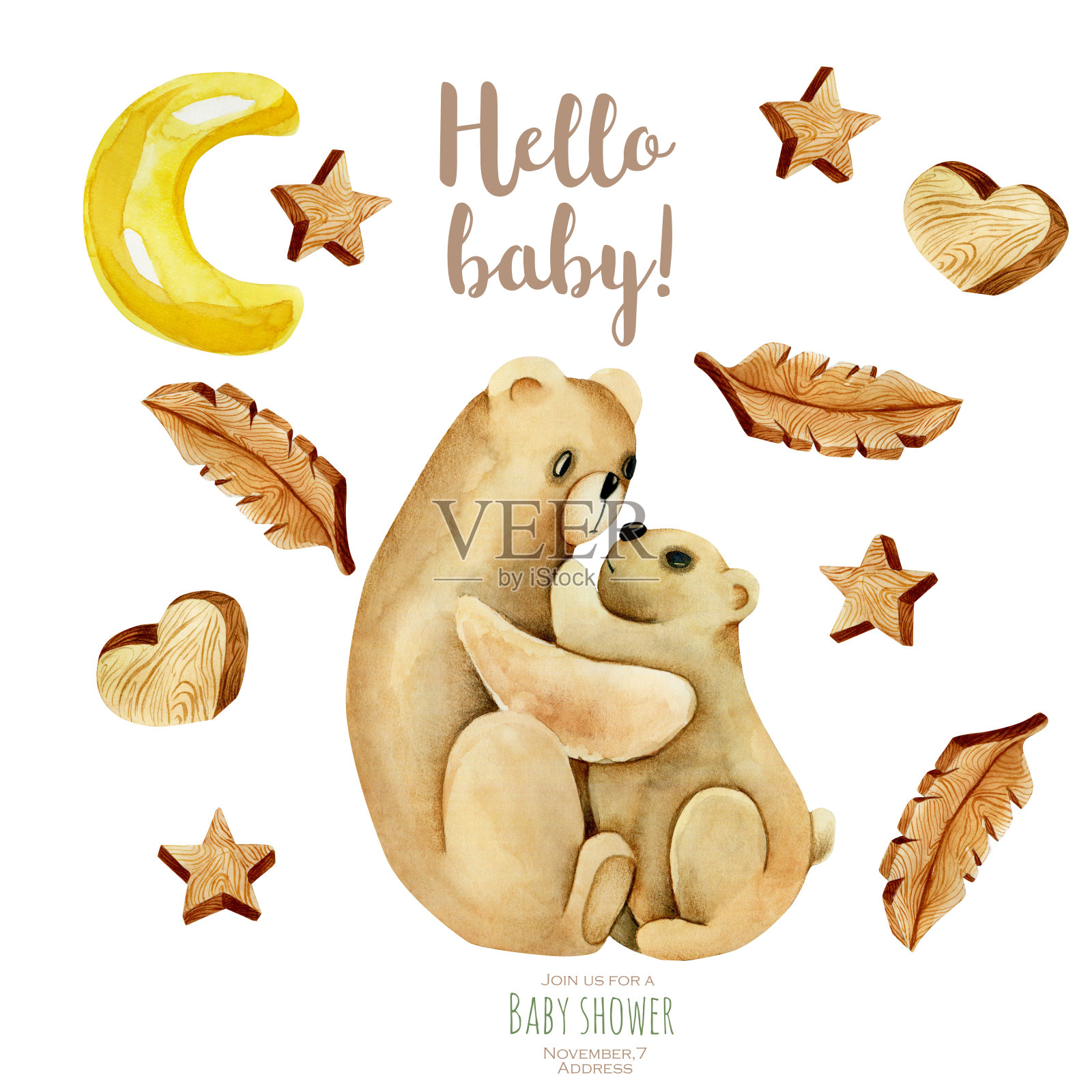 水彩熊妈妈和婴儿，木制星星，心和羽毛插图，手绘在一个白色的背景，婴儿淋浴卡设计插画图片素材