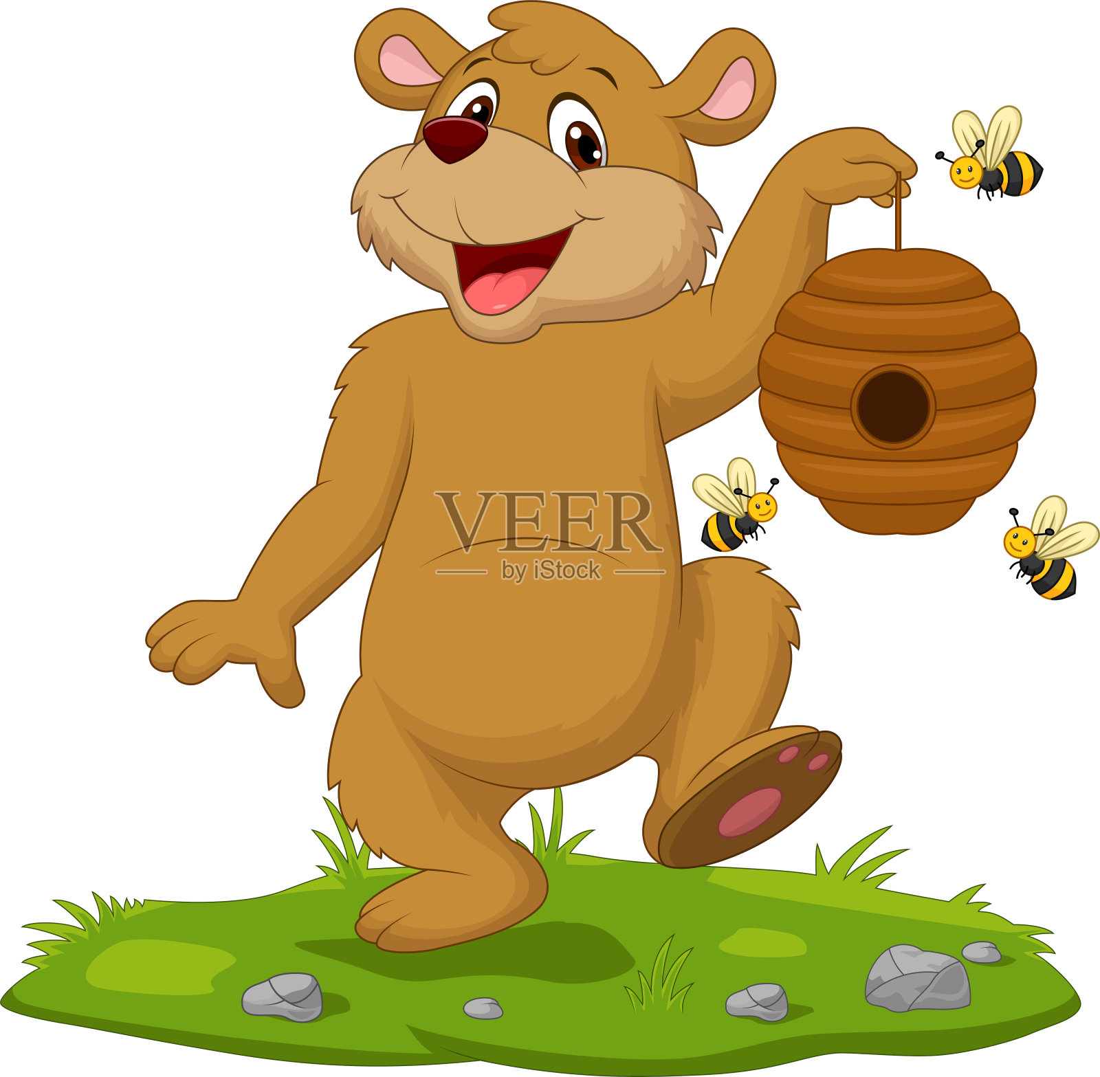 卡通熊抱着蜂巢在草地上插画图片素材