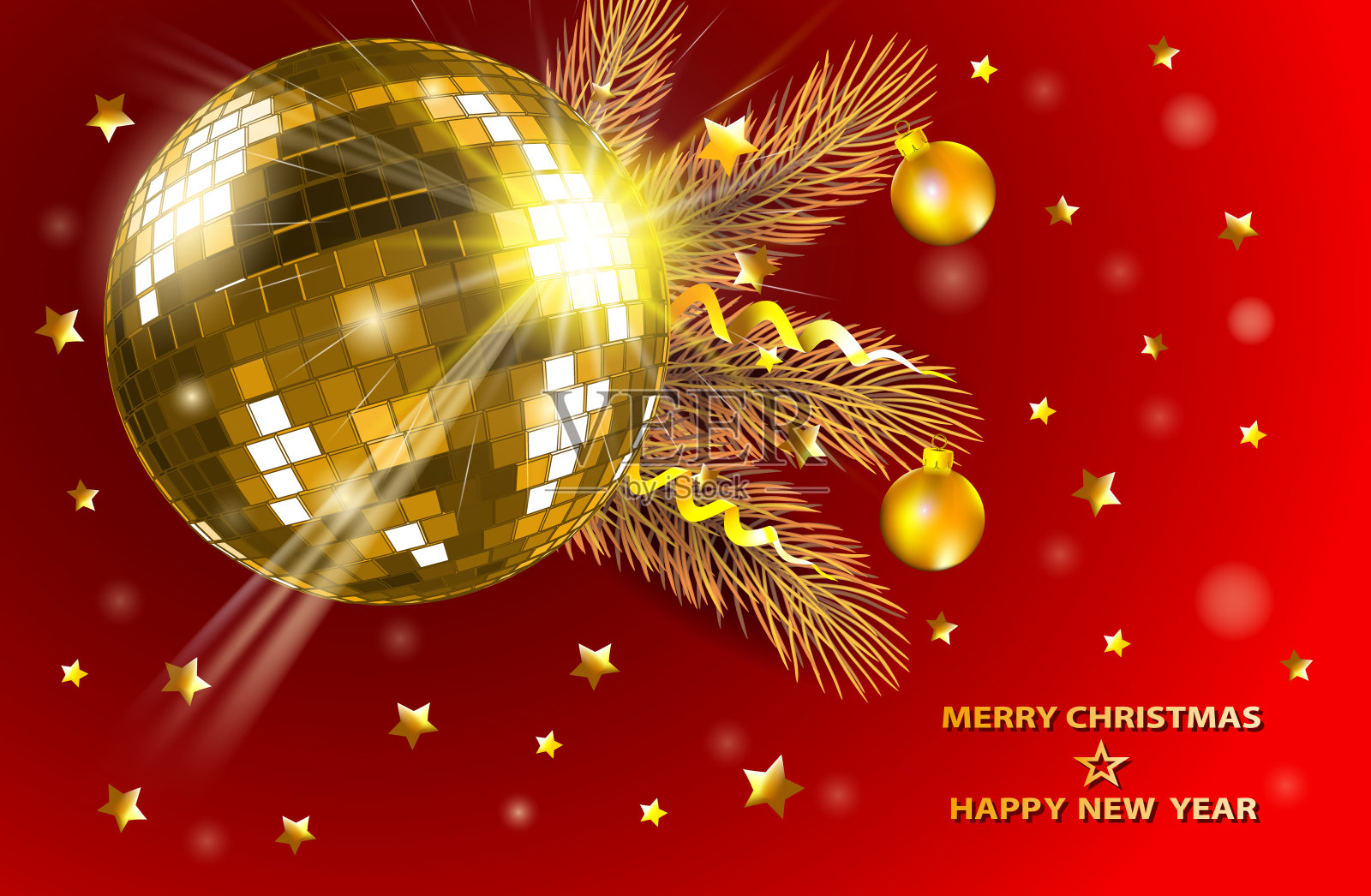 抽象的圣诞金色背景迪斯科球，杉树和星星在红色。矢量插图。插画图片素材