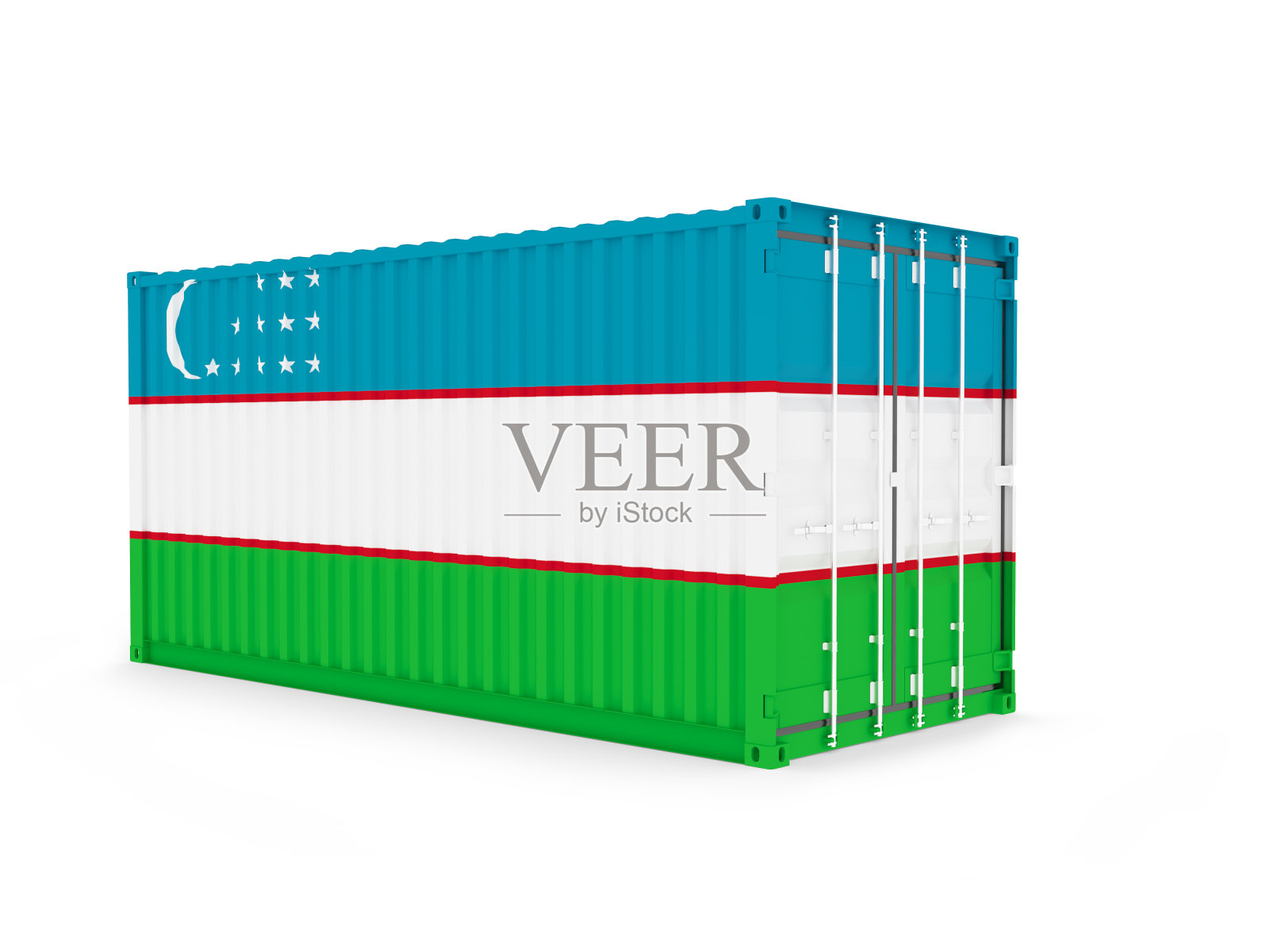 三维插图的货物集装箱与乌兹别克斯坦国旗在白色的背景与阴影。发货、运输、海运货运照片摄影图片