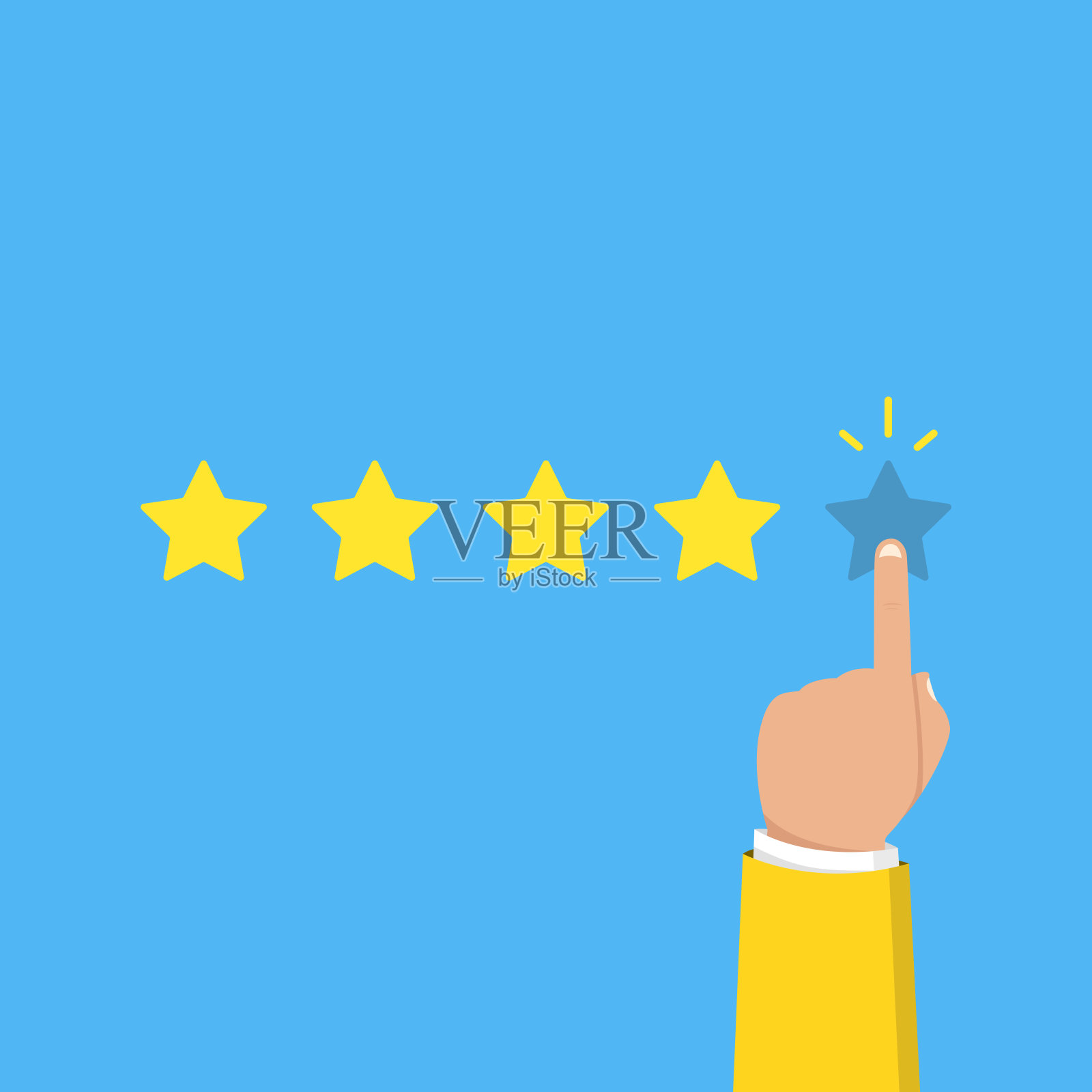 手指指着一颗五星。评价、评价、成功、反馈、评审、质量和管理理念。矢量插图。插画图片素材