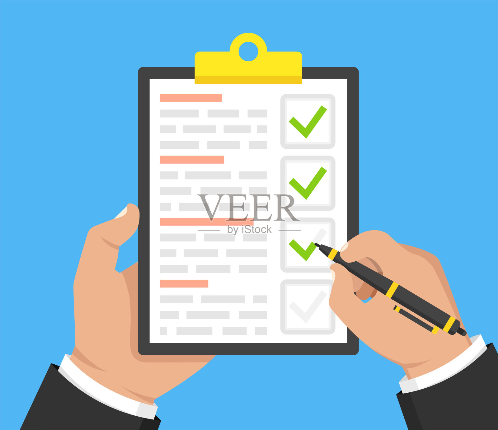 手用黑色的笔和带绿色清单的剪贴板。填充形式概念。矢量插图。插画图片素材