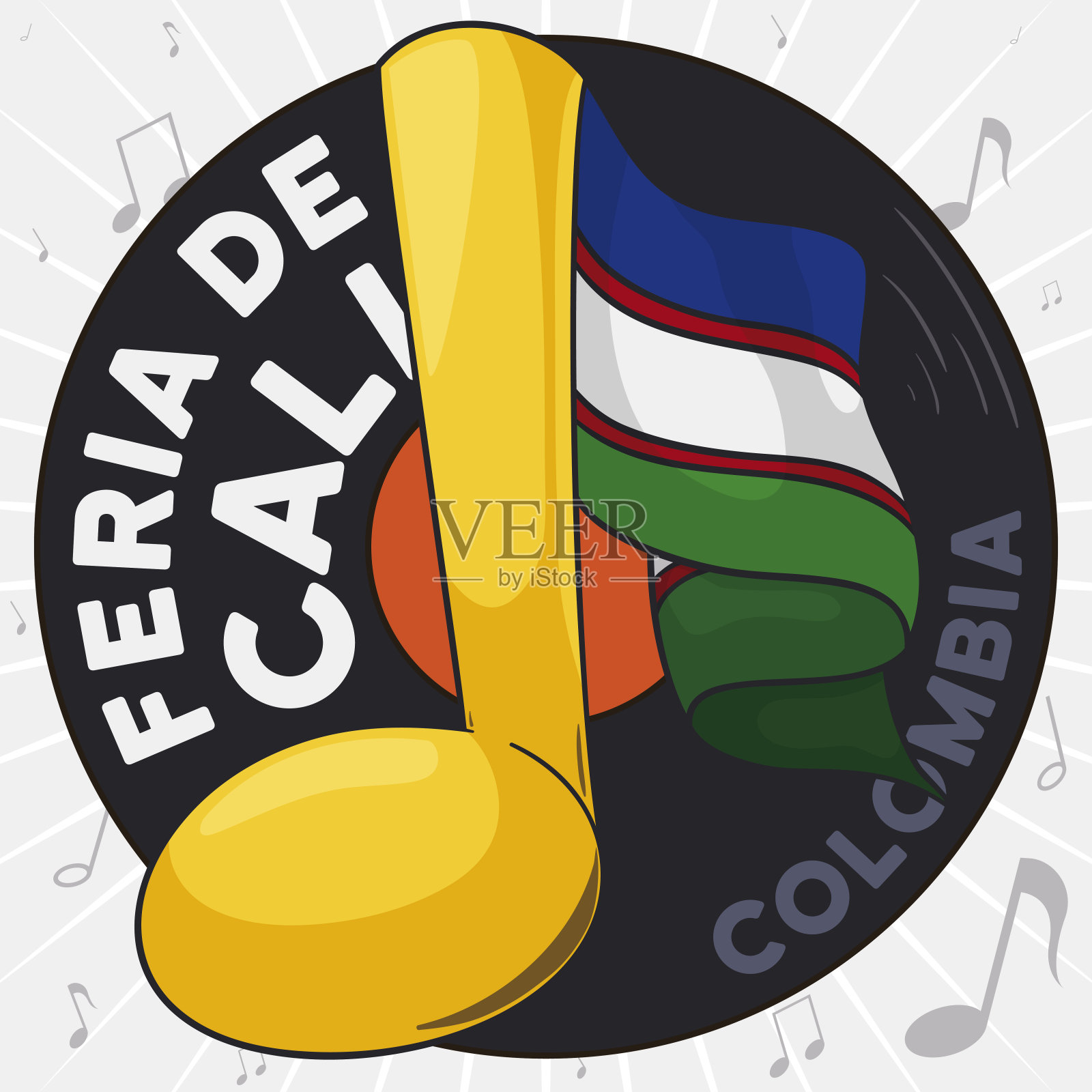 乙烯基，音乐笔记和旗帜Cali博览会庆典插画图片素材