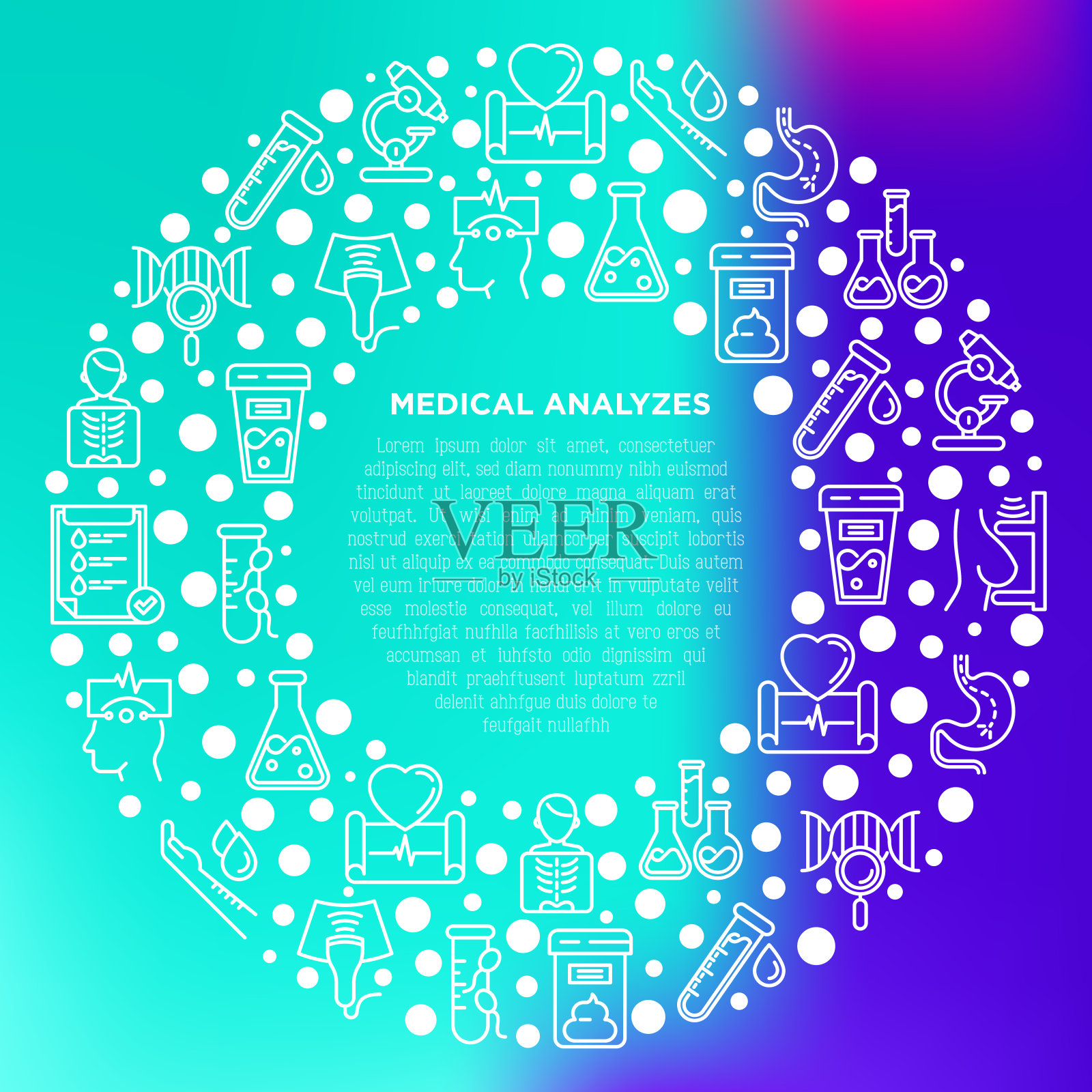 医学分析的概念是圆形的细线图标:血检、尿检、大便、心电图、乳房x线摄影、精子、DNA、超声波、脑电图、x线、胃镜。矢量插图实验室网页。插画图片素材