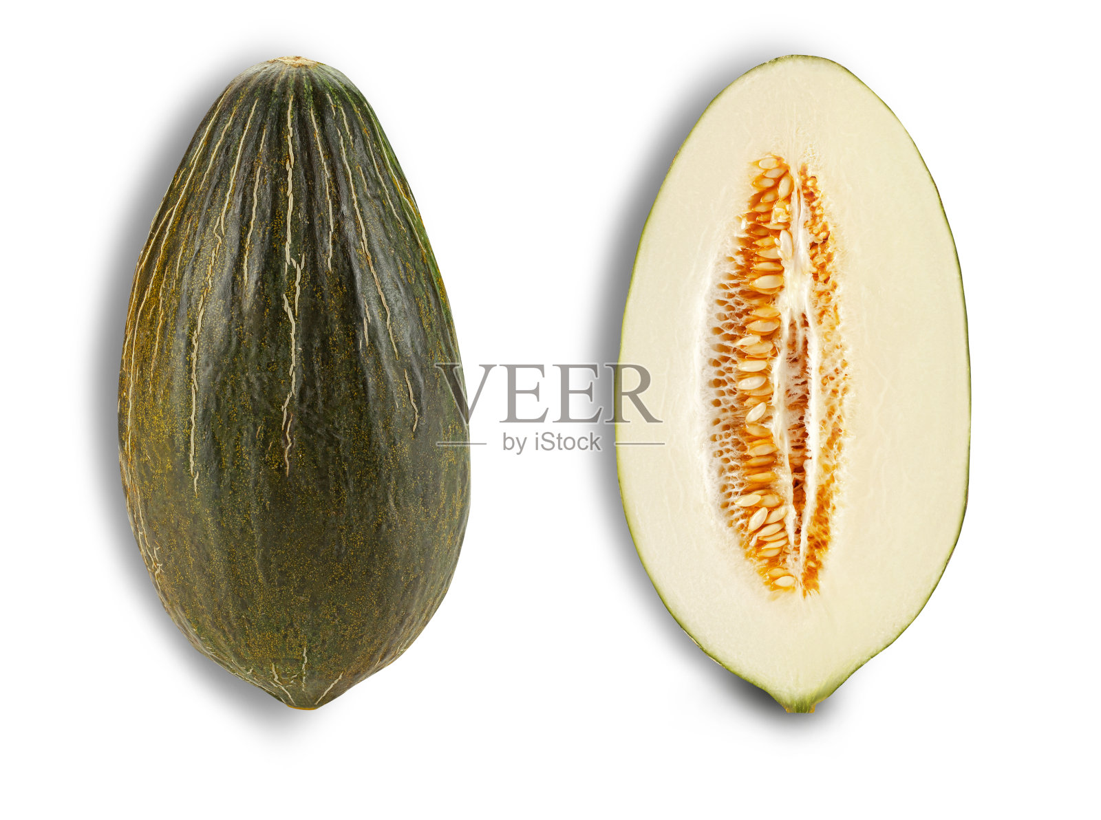 美味的绿色甜瓜在横截面，孤立在白色背景与复制空间的文本或图像。侧视图。特写镜头照片摄影图片