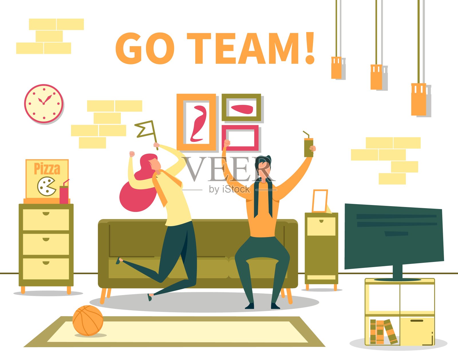 情侣在电视上看体育比赛插画图片素材