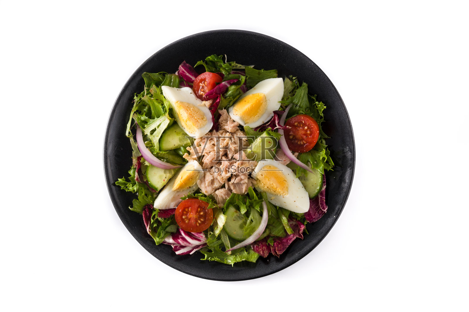 金枪鱼沙拉，鸡蛋和蔬菜照片摄影图片