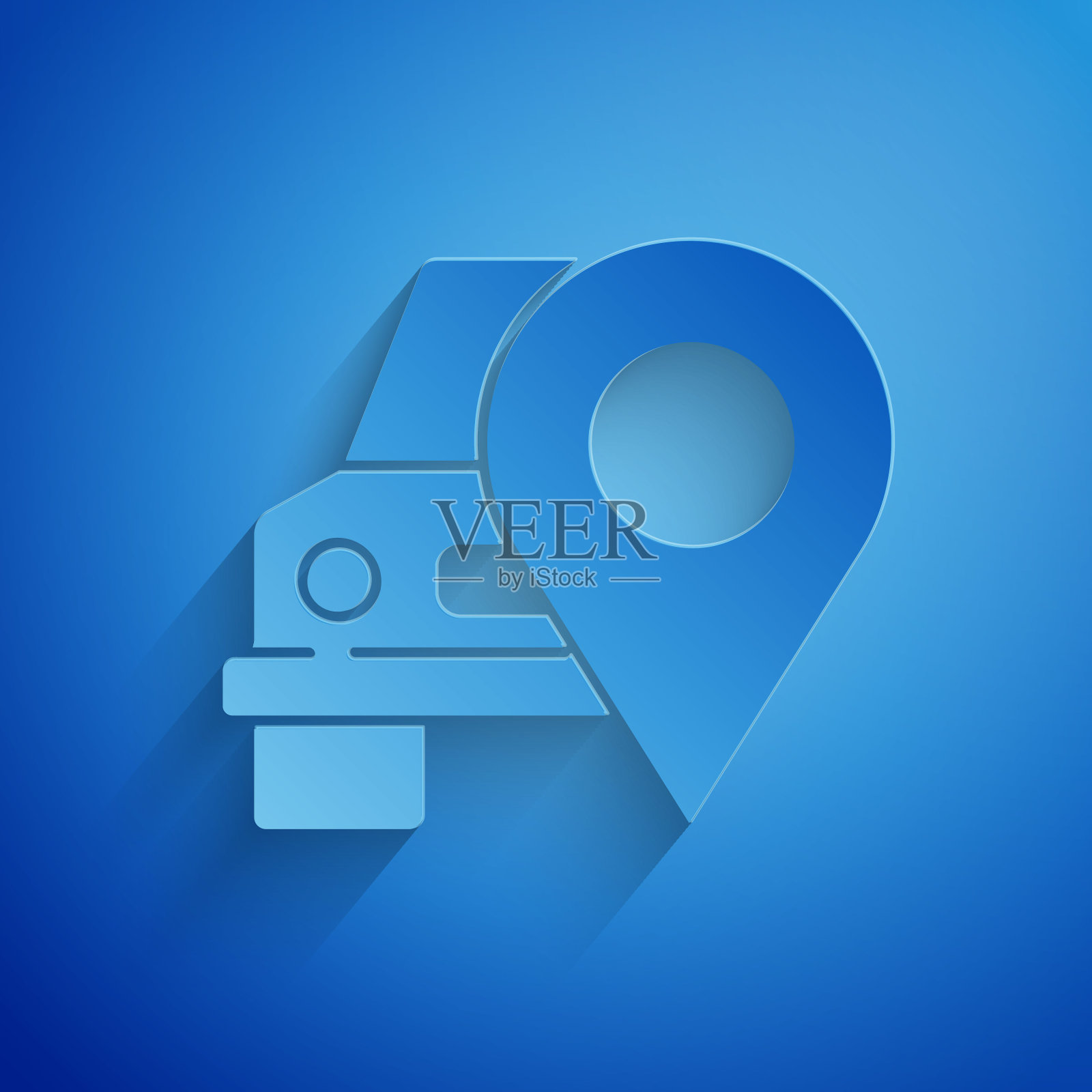 剪纸地图指针与出租车图标隔离在蓝色背景。位置的象征。纸艺术风格。矢量图插画图片素材