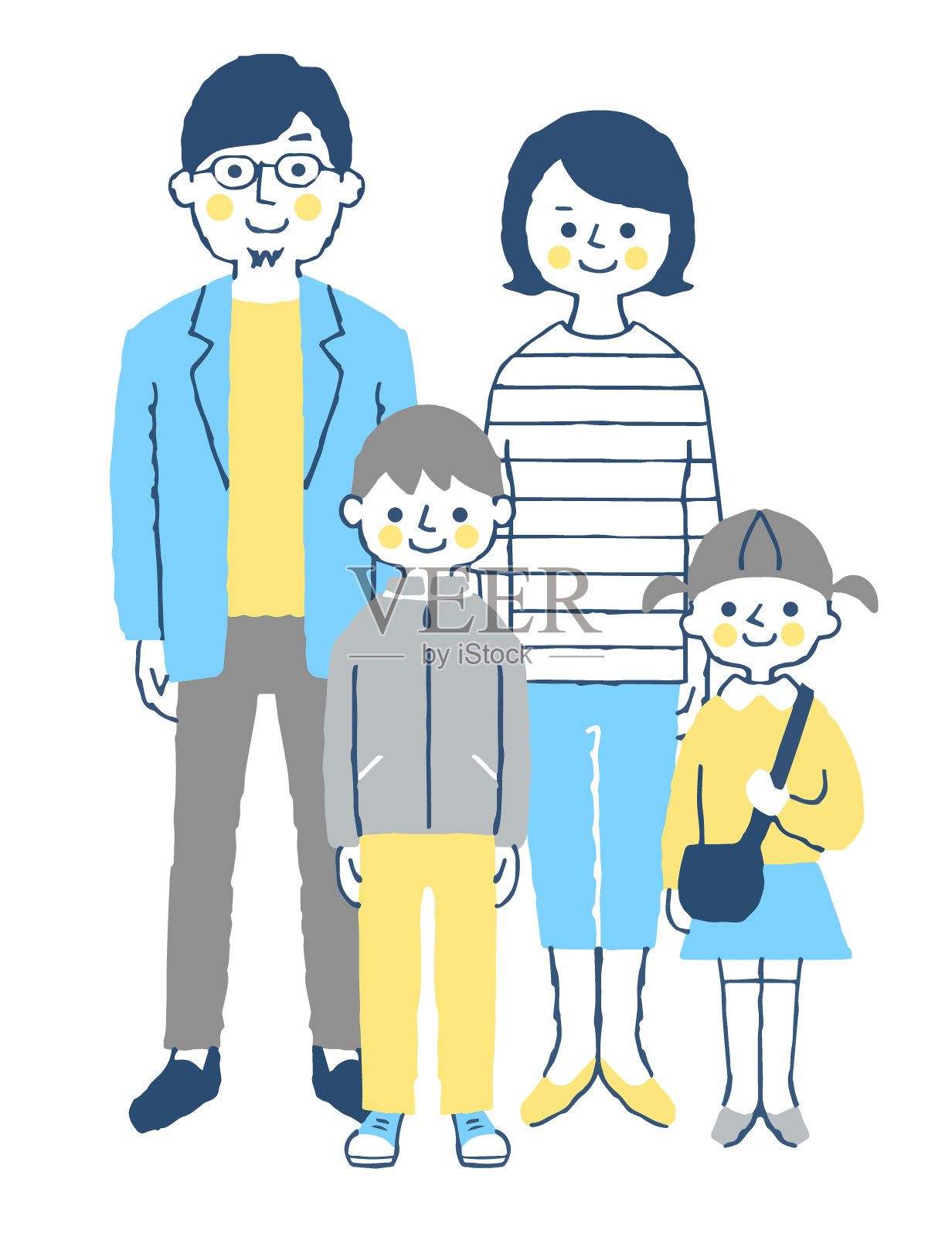 一家四口面带微笑地站在那里插画图片素材