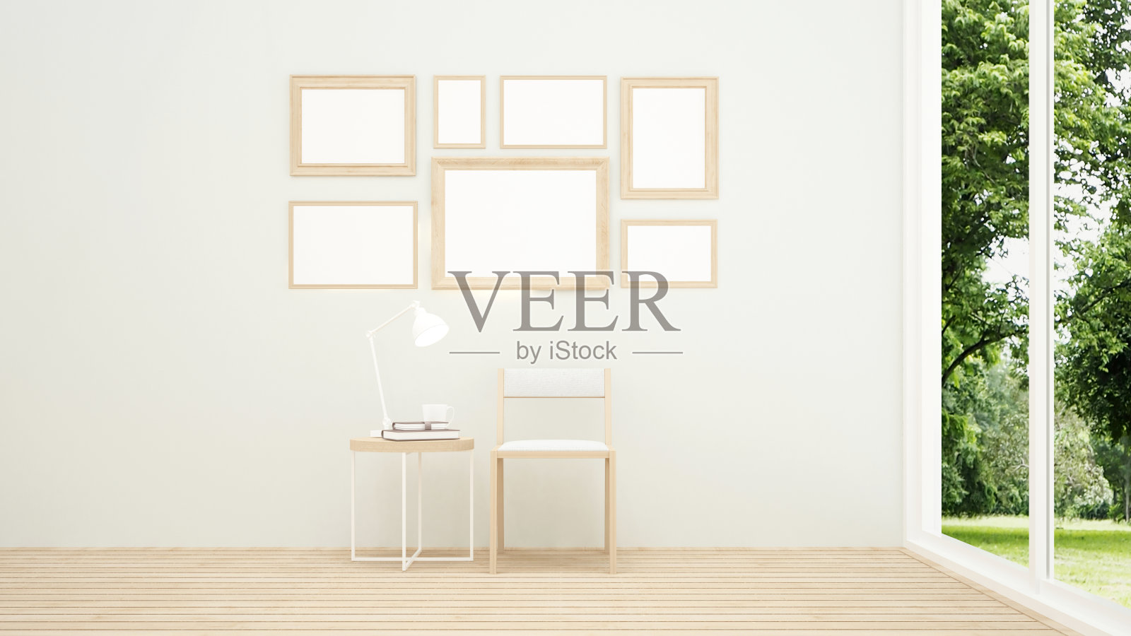 居家或别墅的客厅和自然景观-客厅放松区和森林景观背景-住宅艺术品的展厅设计- 3D渲染照片摄影图片