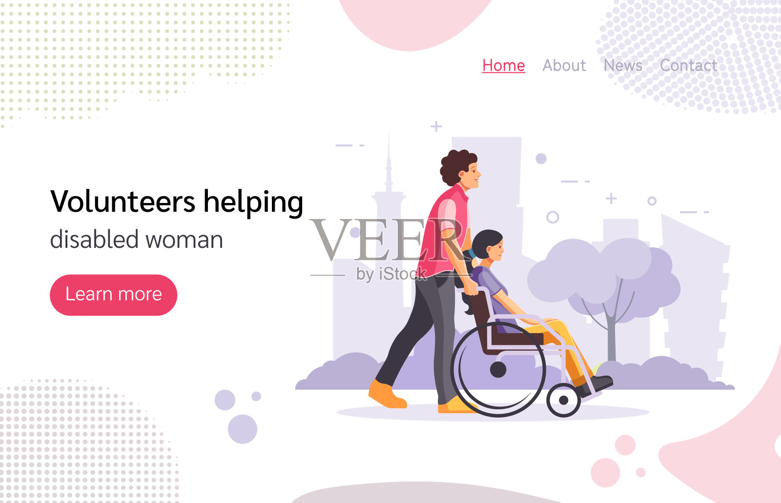 一个志愿者和一个坐轮椅的残疾女孩在公园里散步。插画图片素材