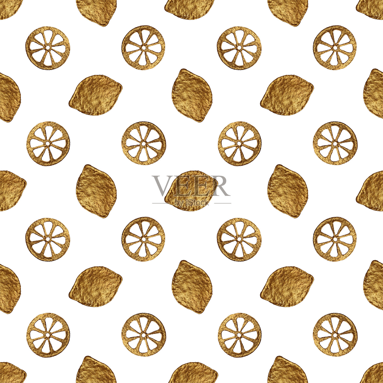 柠檬金手绘无缝图案。抽象柑橘金色背景。水果光泽纹理在复古风格。插画图片素材