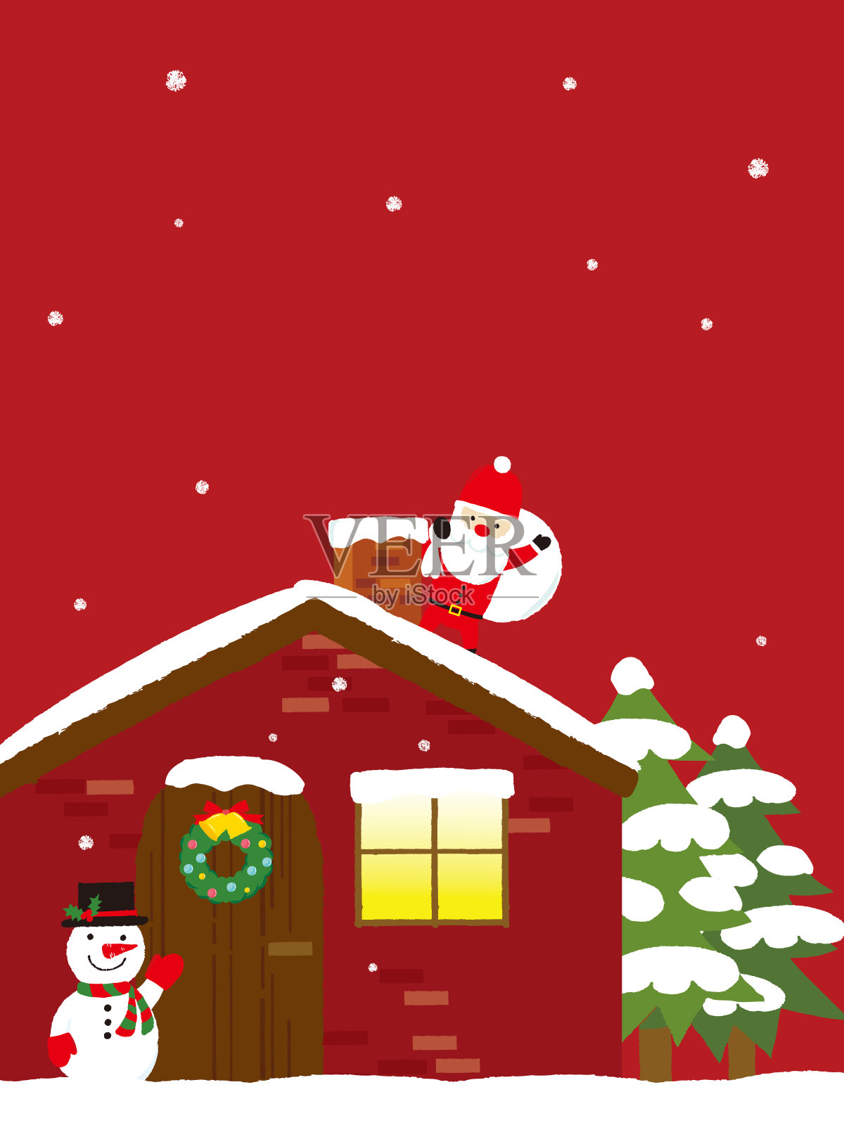 圣诞前夜，圣诞老人在白雪覆盖的屋顶上为孩子们准备了节日礼物插画图片素材