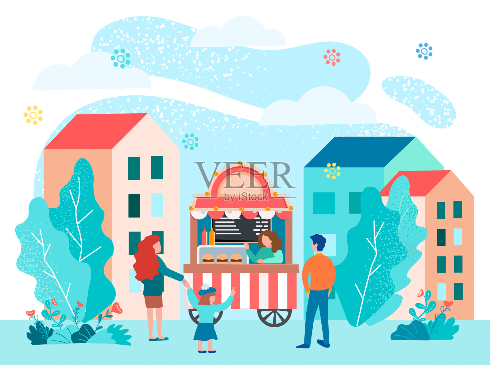 一个带着小女儿的年轻家庭在一辆装着快餐的购物车前选择汉堡，女售货员帮助订餐。插画图片素材