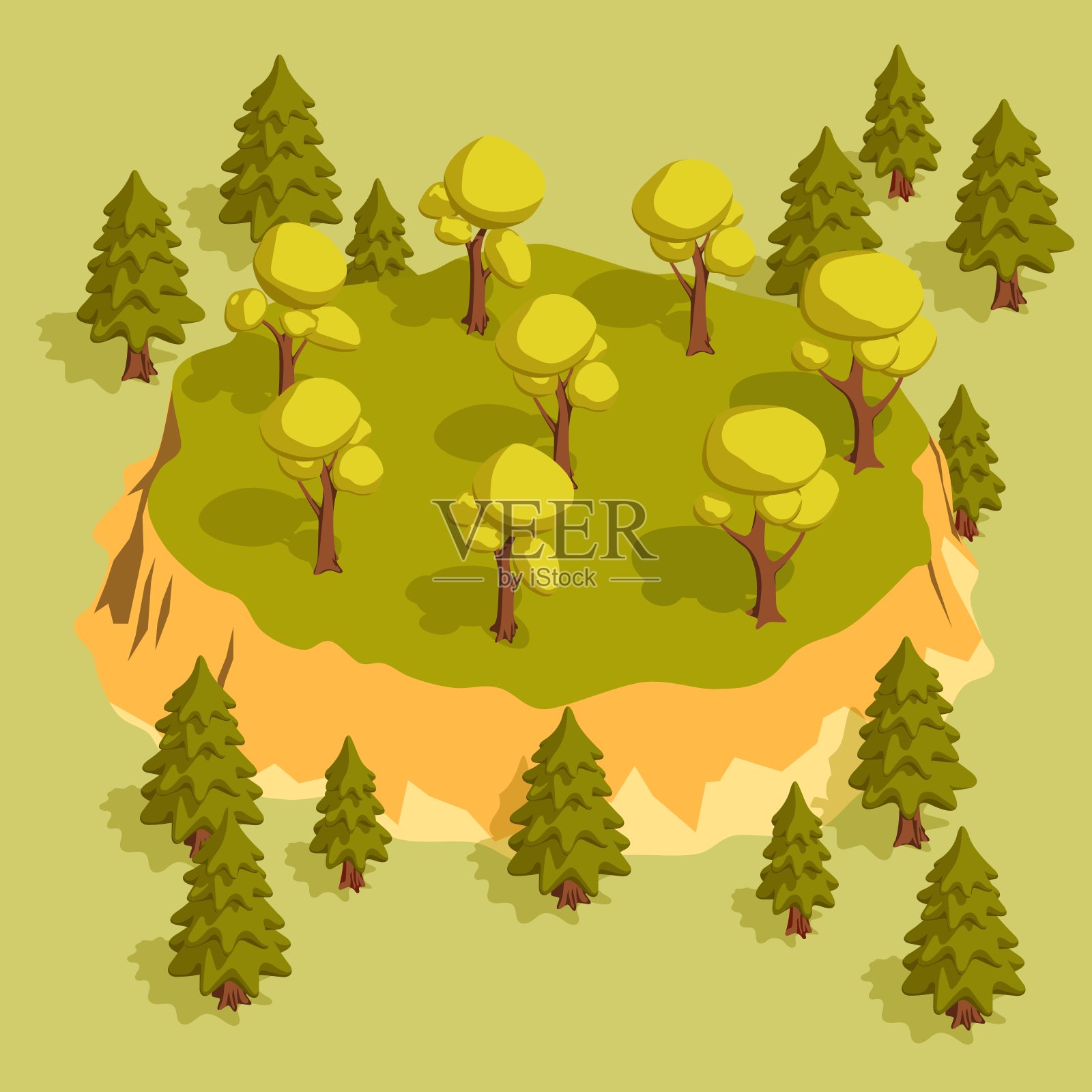 有树木和云杉的森林区域，地势略高插画图片素材