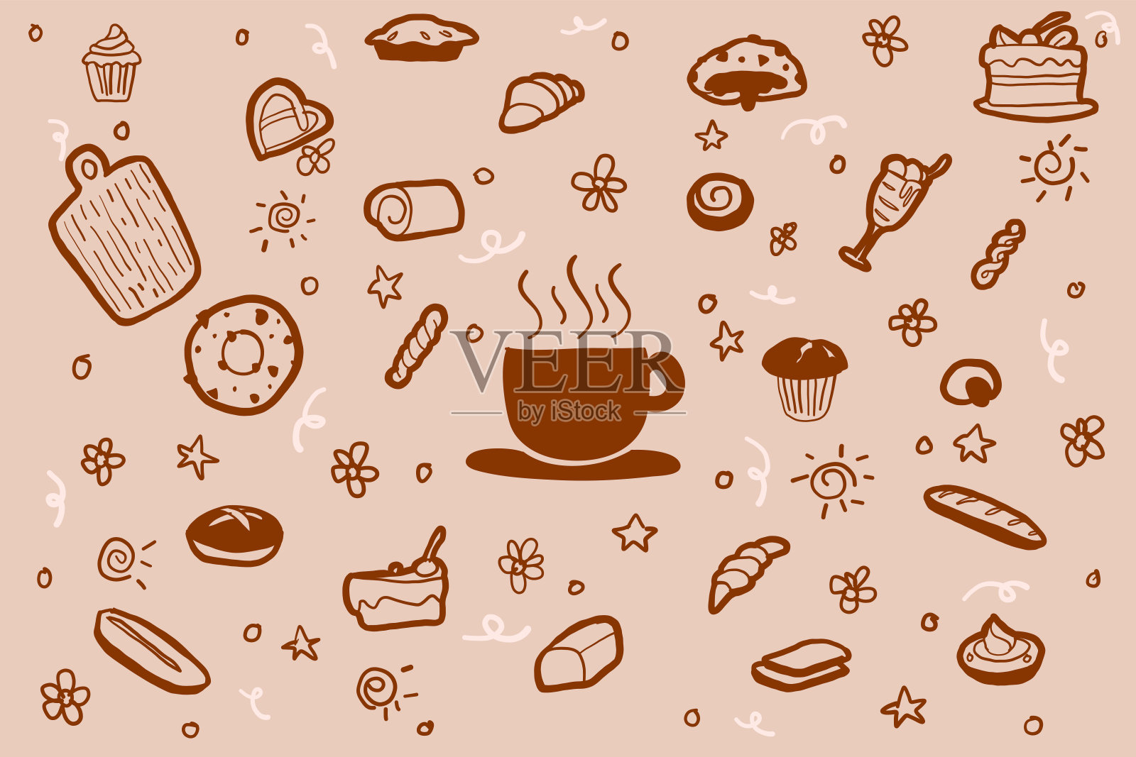 画咖啡和烘焙用具的涂鸦插画图片素材