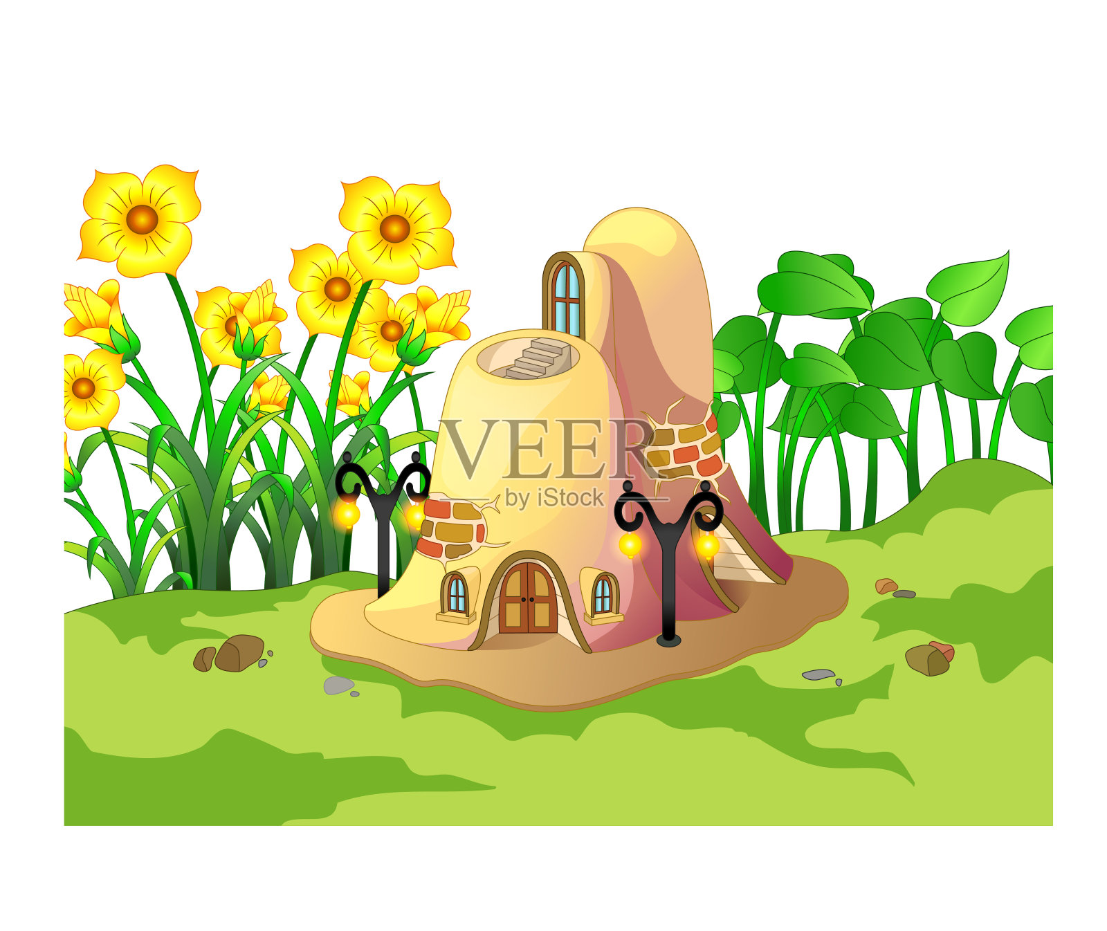 酷酷的棕色蚂蚁屋与向日葵和草山卡通插画图片素材