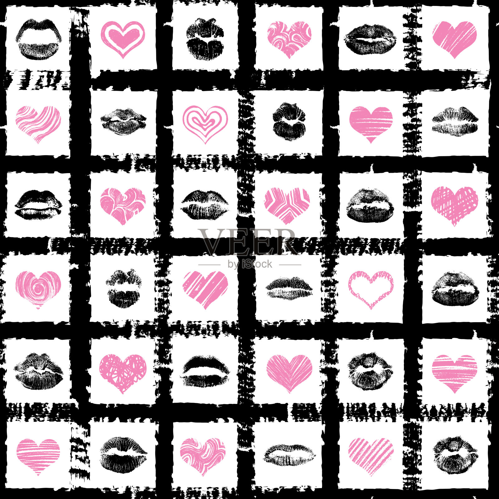 XO风格爱吻涂鸦手绘红唇印记背景矢量图。情人节时尚购物背景插画图片素材