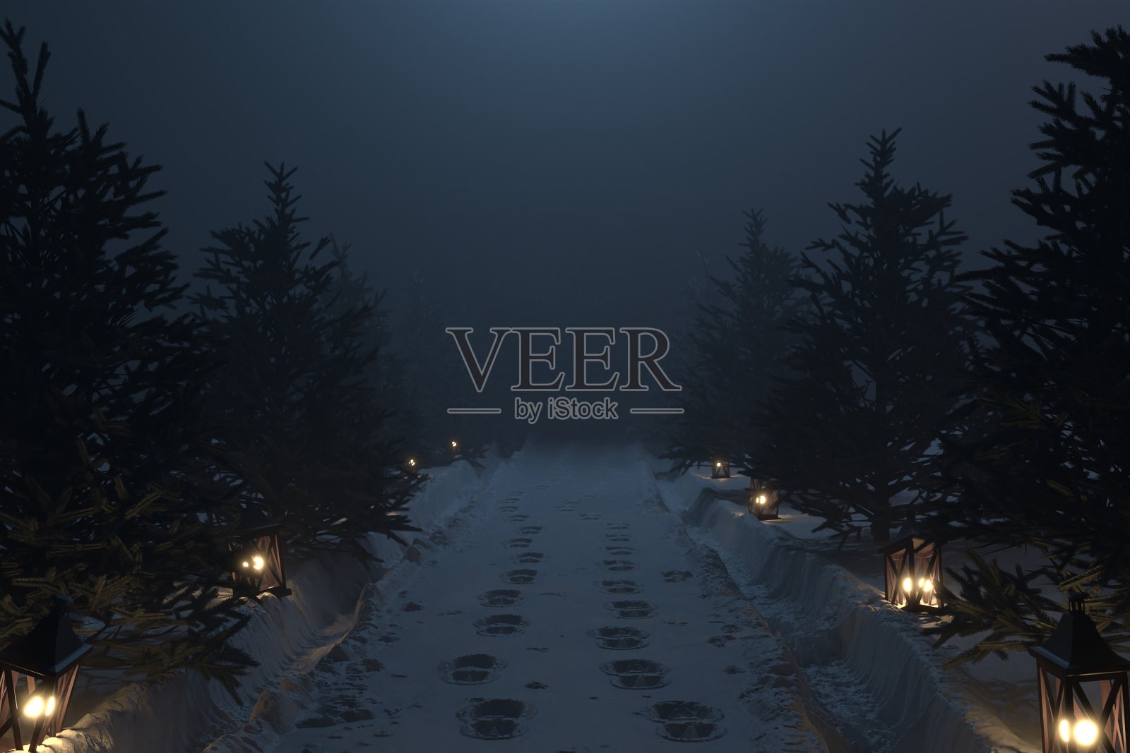 3d渲染的乡村道路与雪道和木制灯笼连接到杉树在晚上照片摄影图片