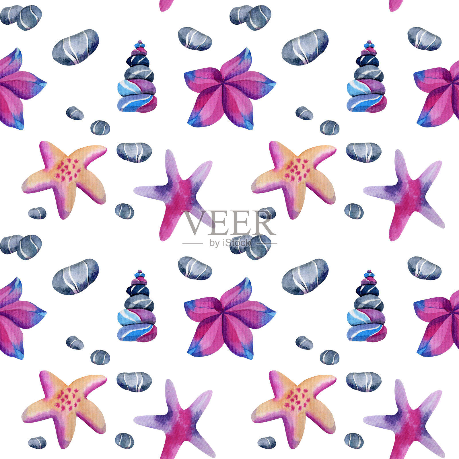 无缝图案与水彩海星和海石在海底，手绘在一个白色的背景插画图片素材