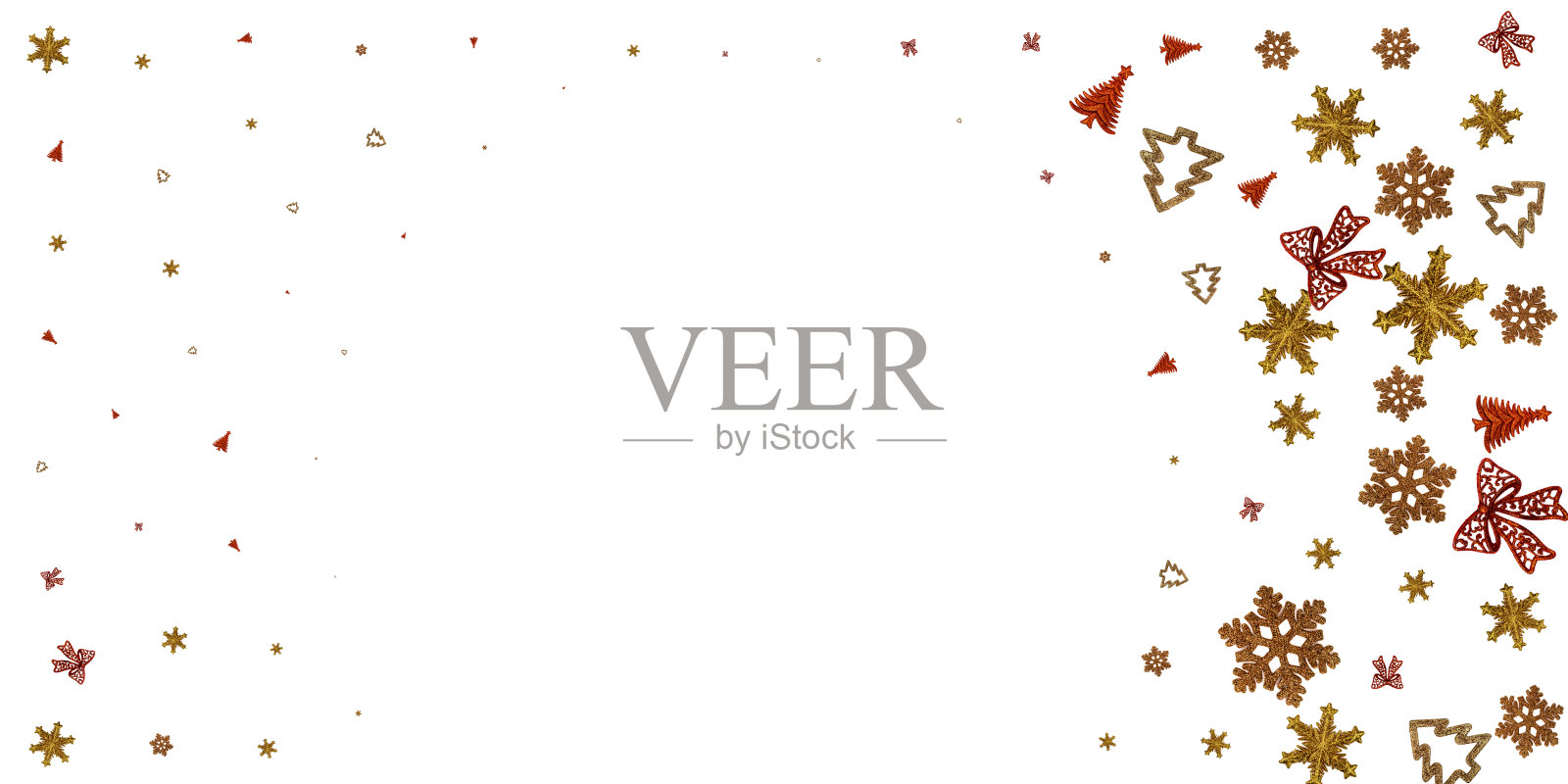 圣诞节金色的卡片。圣诞装饰上孤立的白色。新年晚会背景。横幅模拟的产品或设计内容的显示照片摄影图片