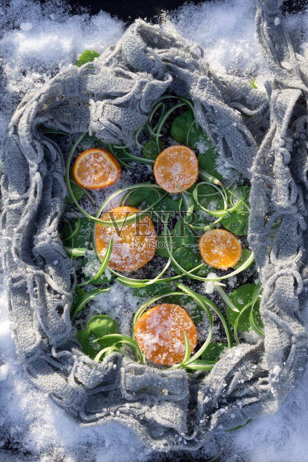 春天的卡片，绿色的天竺葵和草的叶子，橙色和乌木围巾的背景与雪照片摄影图片