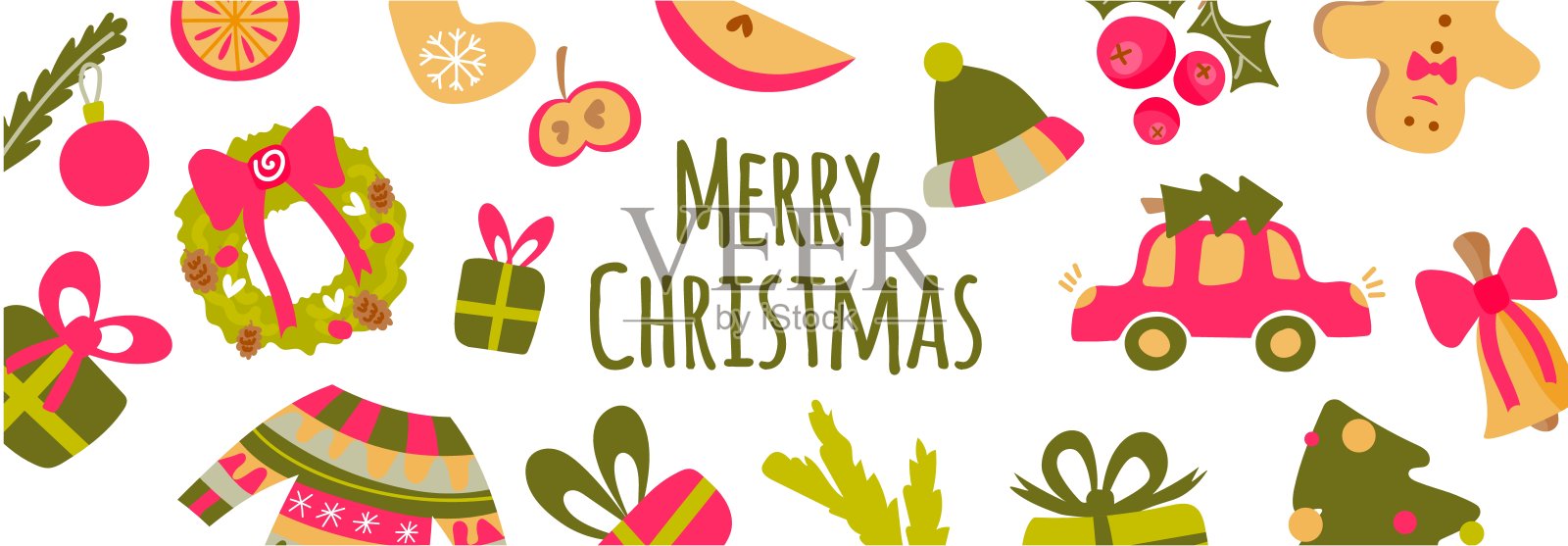 矢量横幅与卡通圣诞和新年设计圣诞花环，礼物，铃铛，圣诞树，毛衣，冬青枝，橘子，姜饼人。矢量插图的旗帜，卡片，封面，书签。设计模板素材
