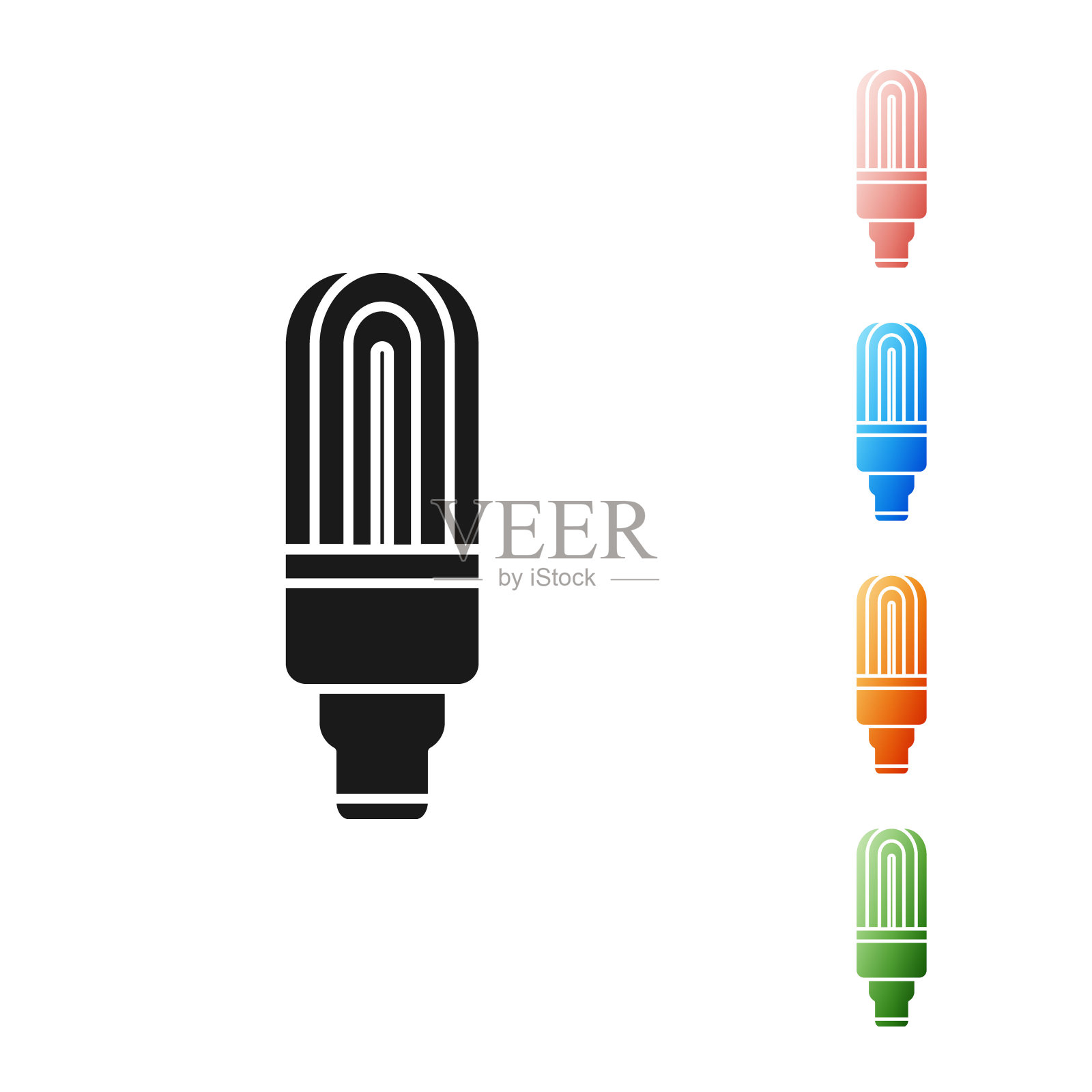 黑色LED灯泡图标孤立在白色背景。经济型LED照明灯泡。节约能源灯。设置图标丰富多彩。矢量图图标素材