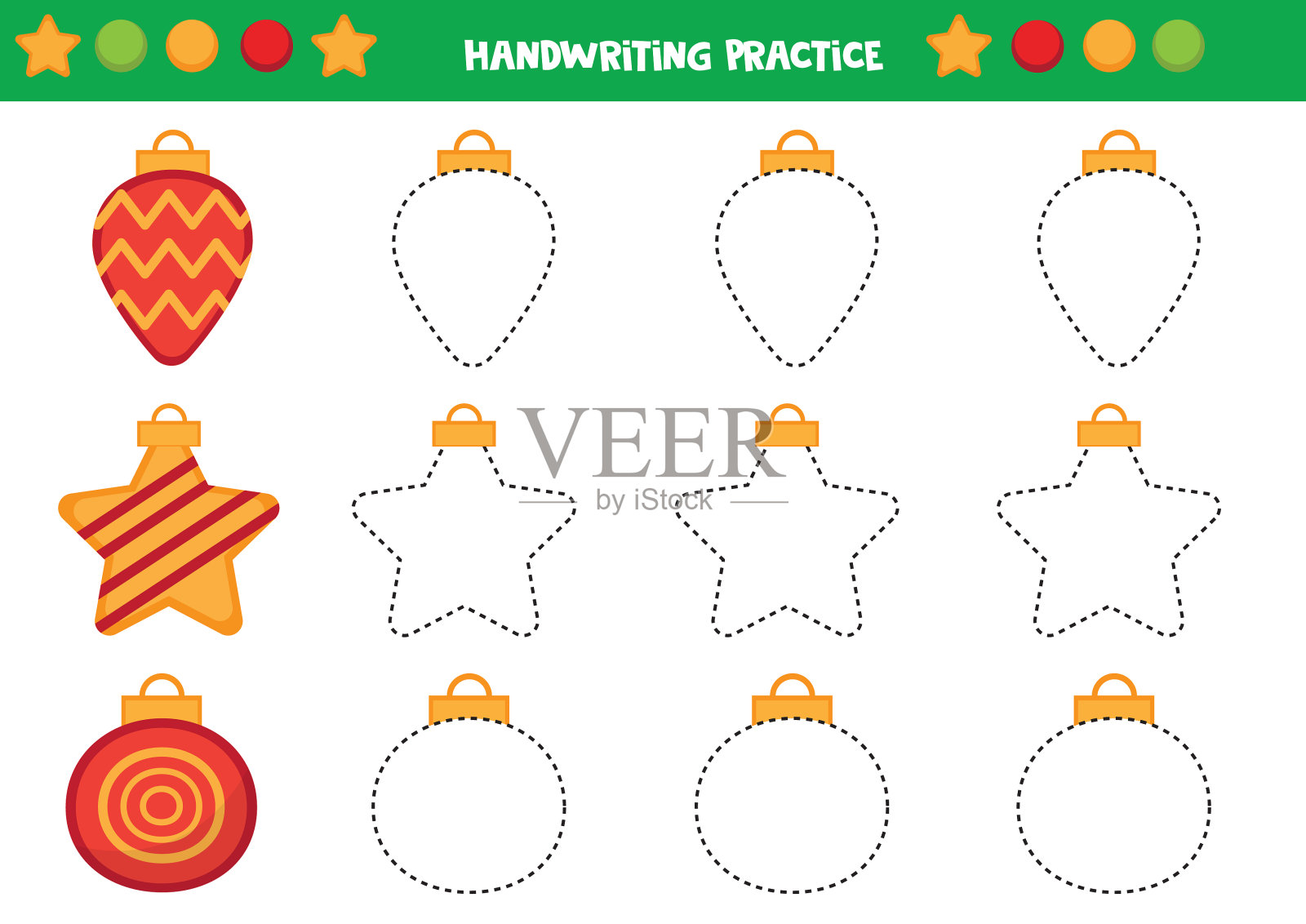 学龄前儿童的教育工作表。追踪圣诞球。书法练习。插画图片素材