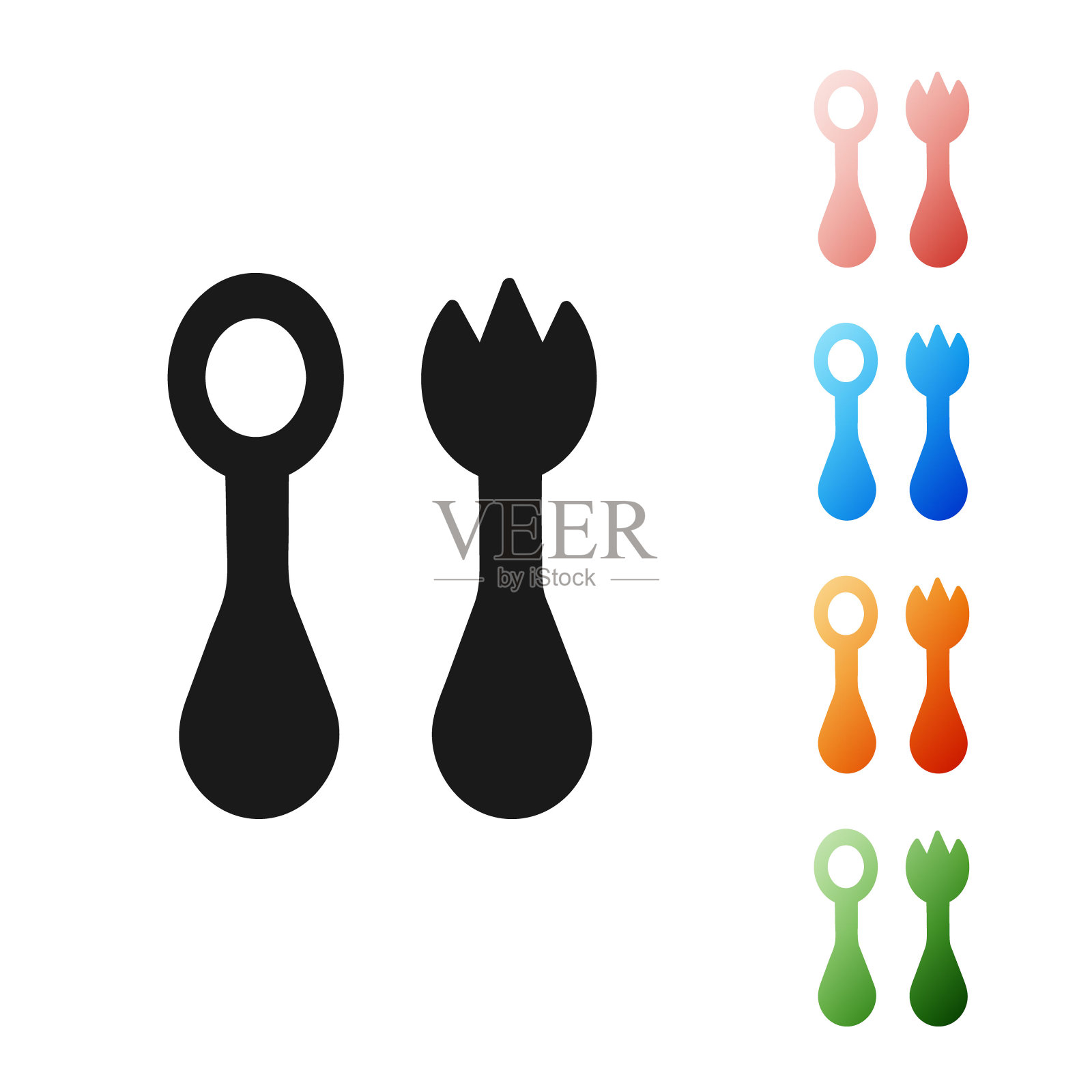 黑色婴儿塑料餐具与叉子和勺子图标孤立在白色背景。孩子的餐具。儿童餐厅的物品。设置图标丰富多彩。矢量图插画图片素材