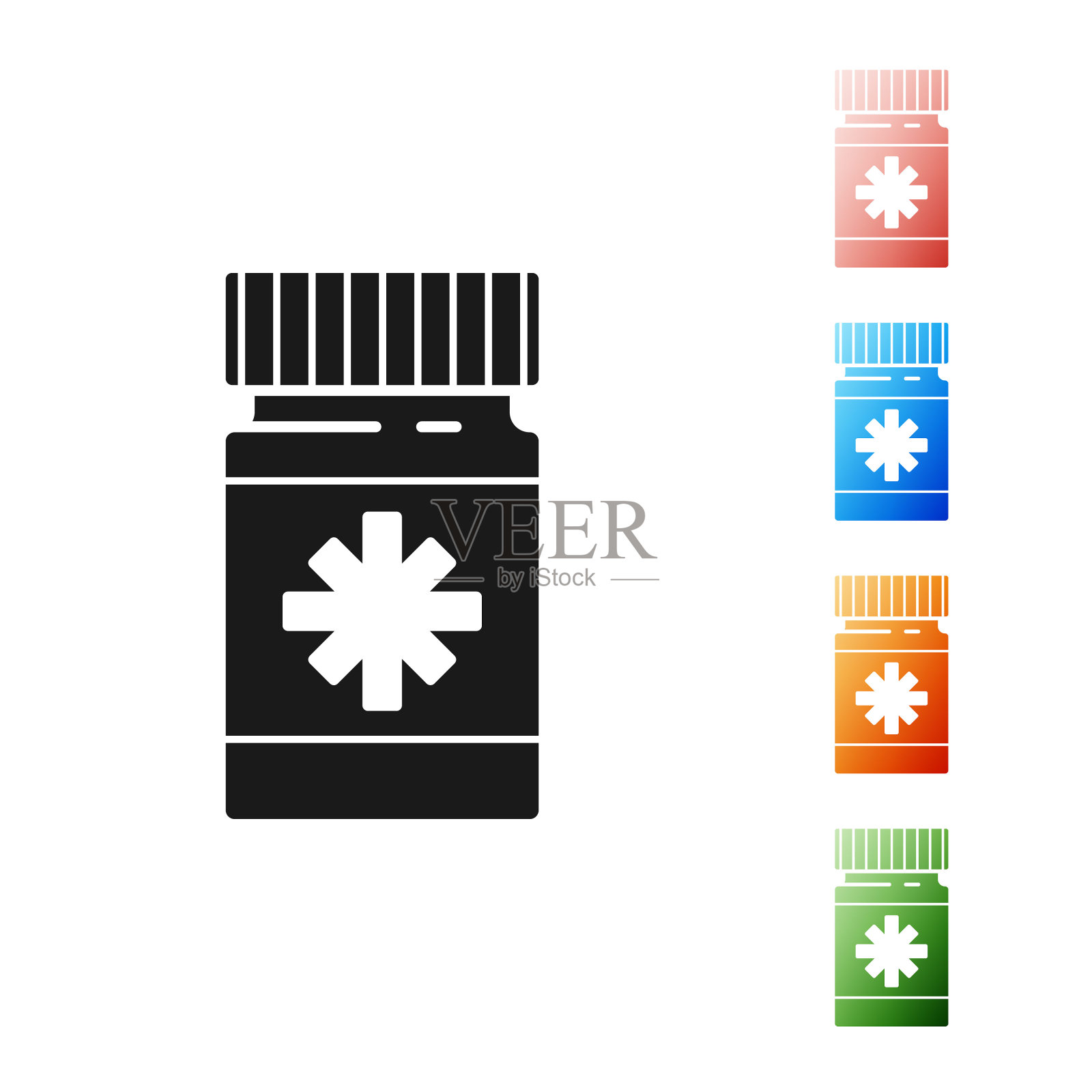 黑狗药瓶和药丸图标孤立在白色背景。容器用药物。给动物用的处方药。设置图标丰富多彩。矢量图图标素材