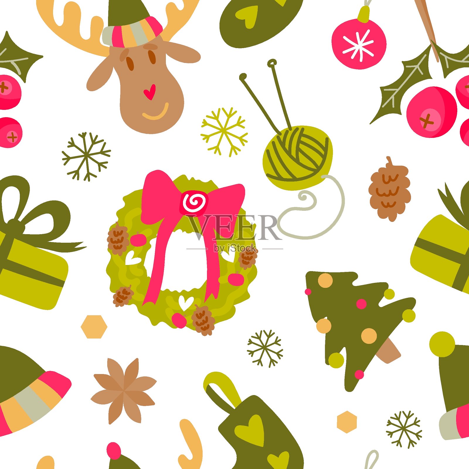 圣诞节无缝图案在有趣的风格孤立在白色的背景设计模板素材