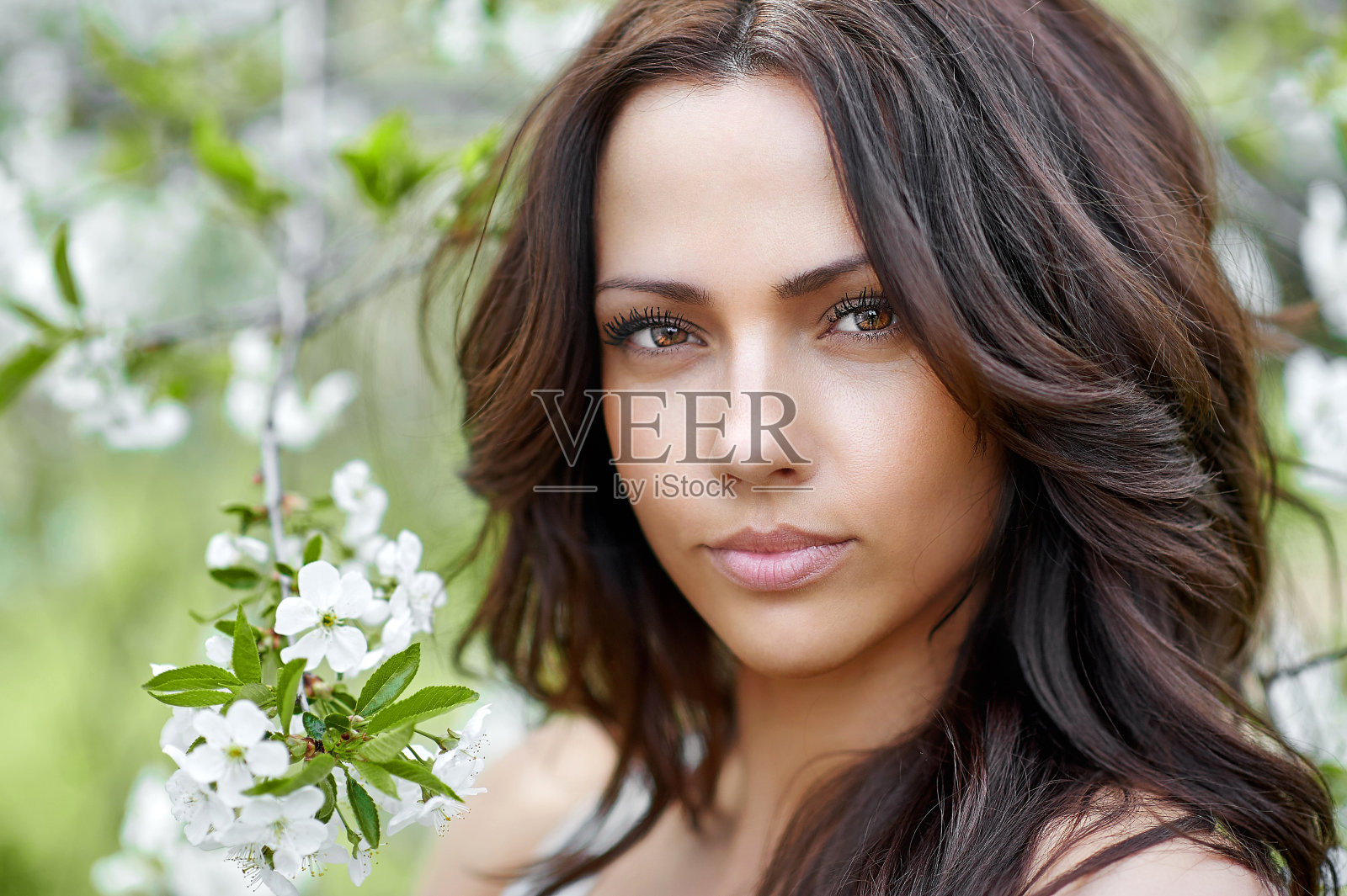 美丽的女人在春天盛开的花园。完美清晰的脸。近距离照片摄影图片