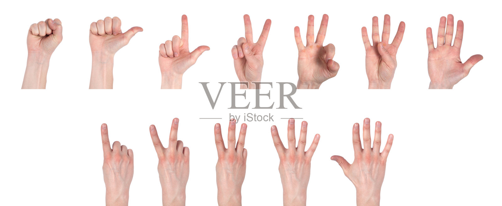 男性的手从0数到5，孤立在白色背景上照片摄影图片