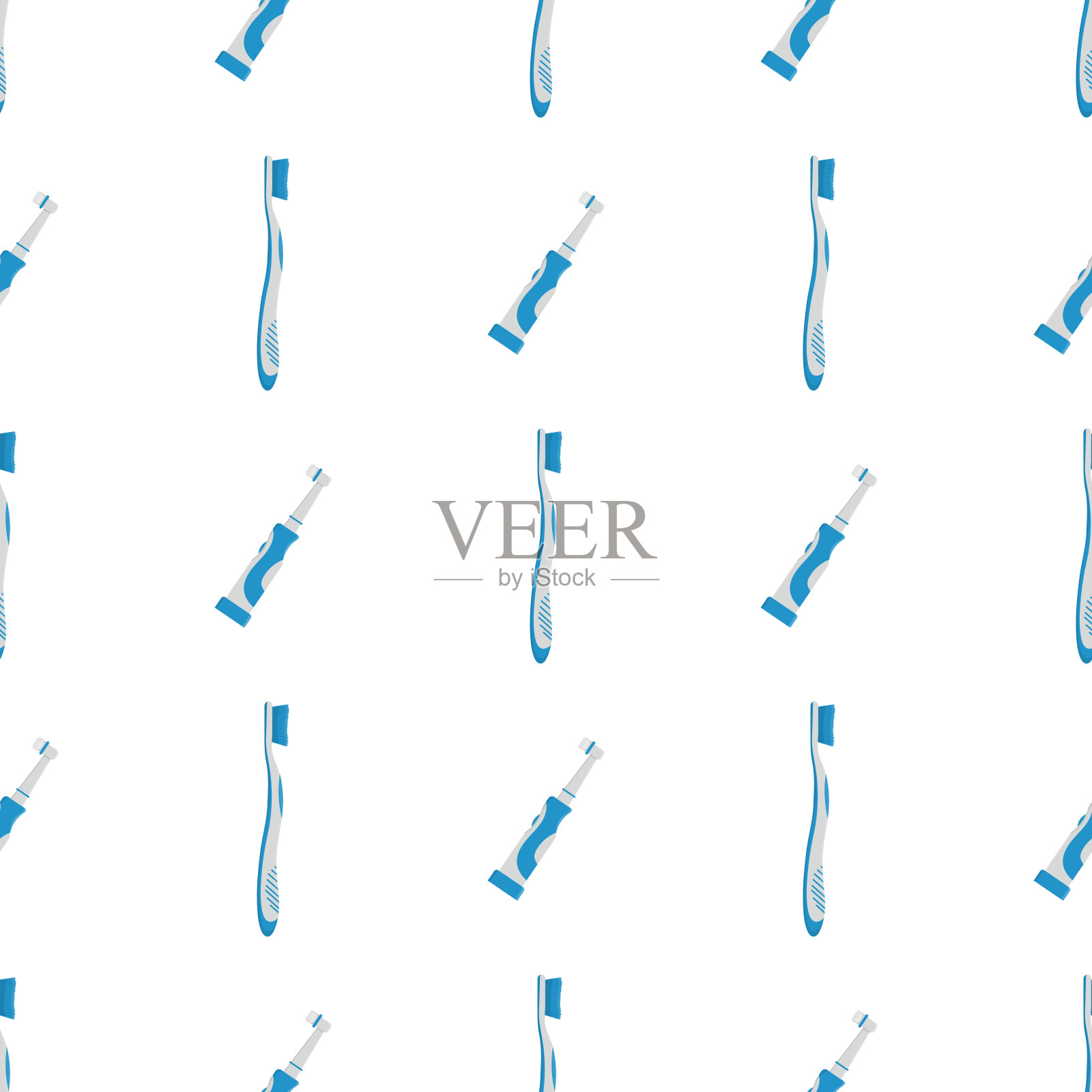 无缝模式与牙刷蓝色卡通孤立在白色背景。保护牙齿，口腔护理，牙齿健康的理念。矢量插图设计，网，包装纸，织物。插画图片素材