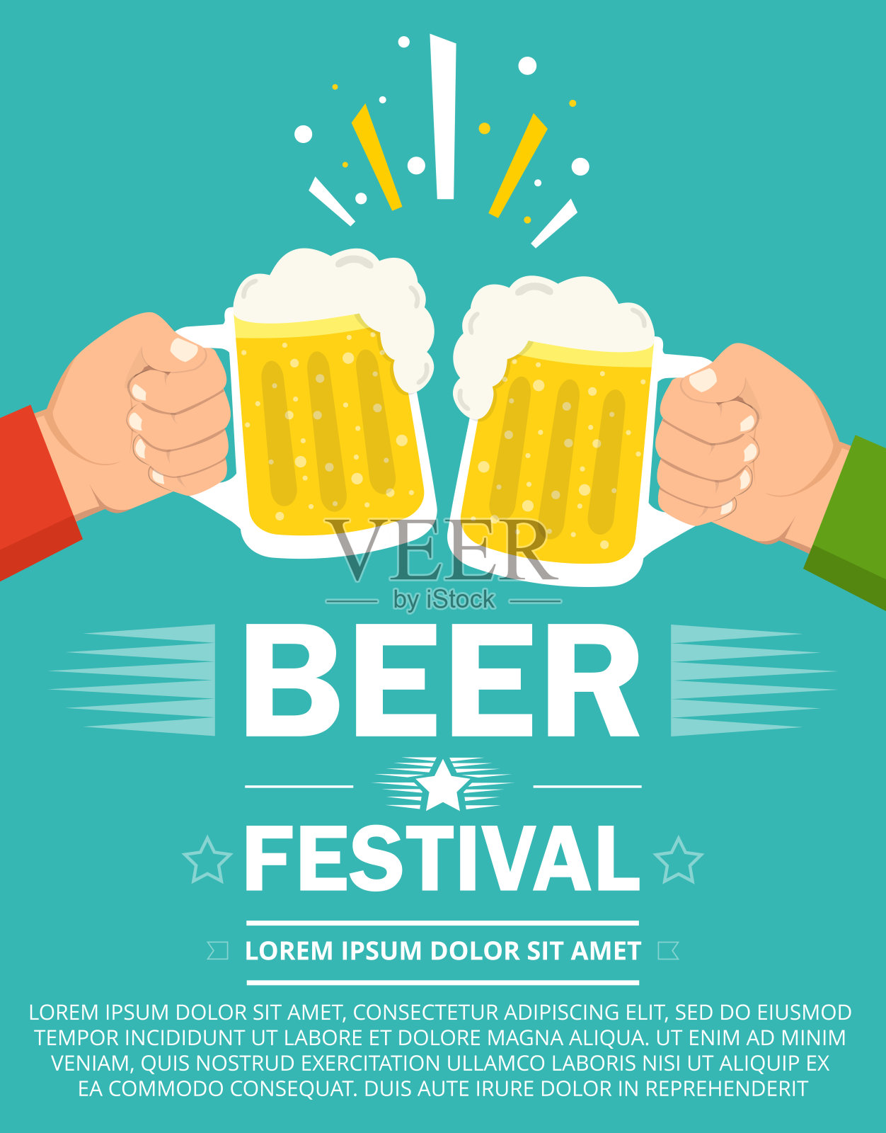 两只手拿着啤酒杯。啤酒节的概念。平的卡通风格。矢量插图。插画图片素材