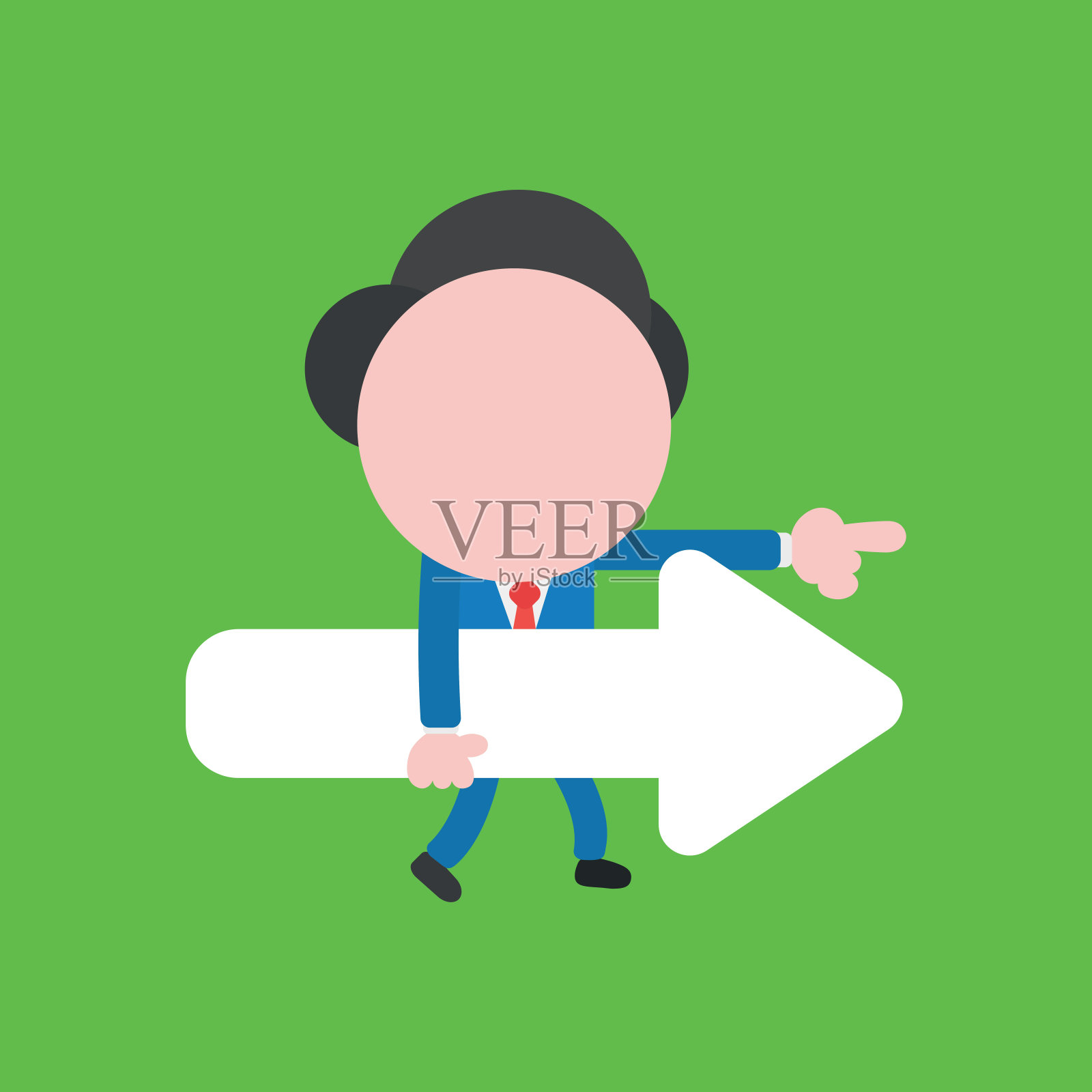 矢量无名商人拿着箭头，走着指向绿色的背景。设计元素图片