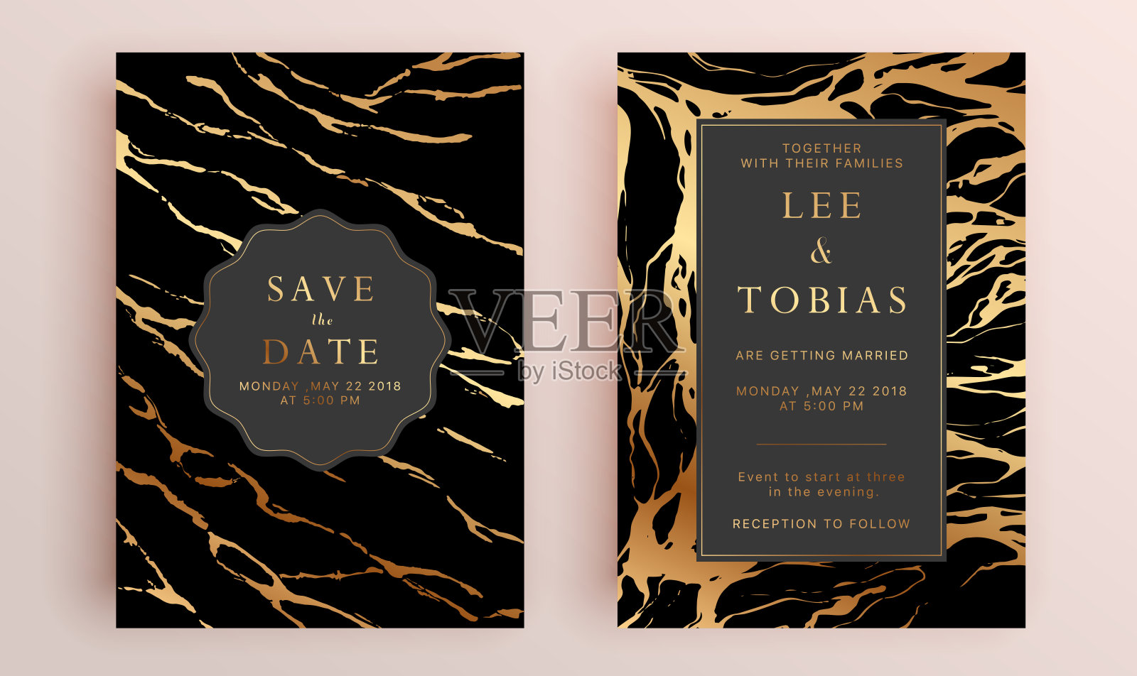 美丽的一套婚礼卡片模板。黄金几何多面体收藏，艺术装饰风格的婚礼请柬，豪华模板，装饰图案。设计模板素材