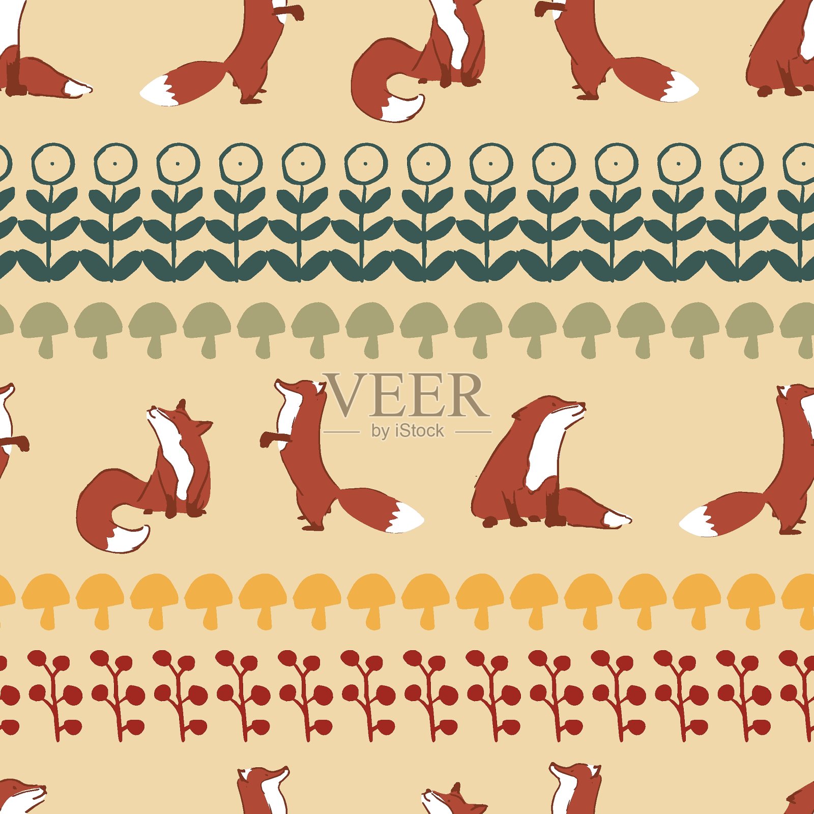 可爱的狐狸蘑菇留下无缝图案。插画图片素材