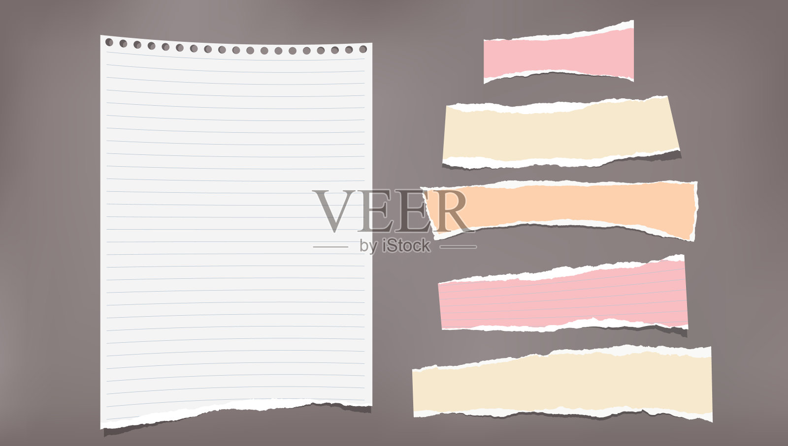 一套撕破的白色衬里和彩色的纸条，笔记本纸条，纸贴在深棕色的背景上。矢量图插画图片素材
